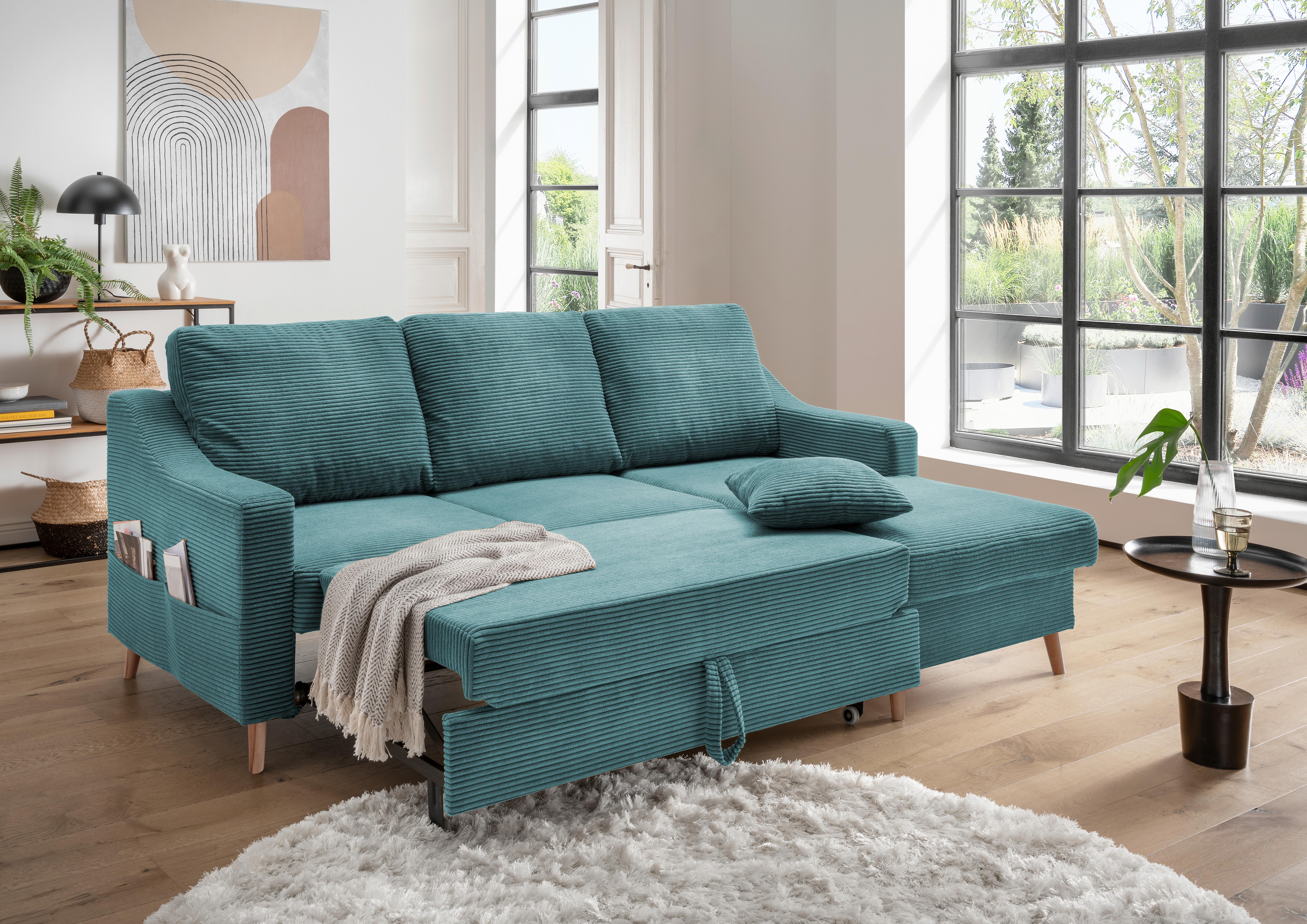 Ecksofa Valentina Cord ca. 228x150 cm Petrol - Petrol/Naturfarben, Design, Holz/Textil (228/150cm) - P & B
