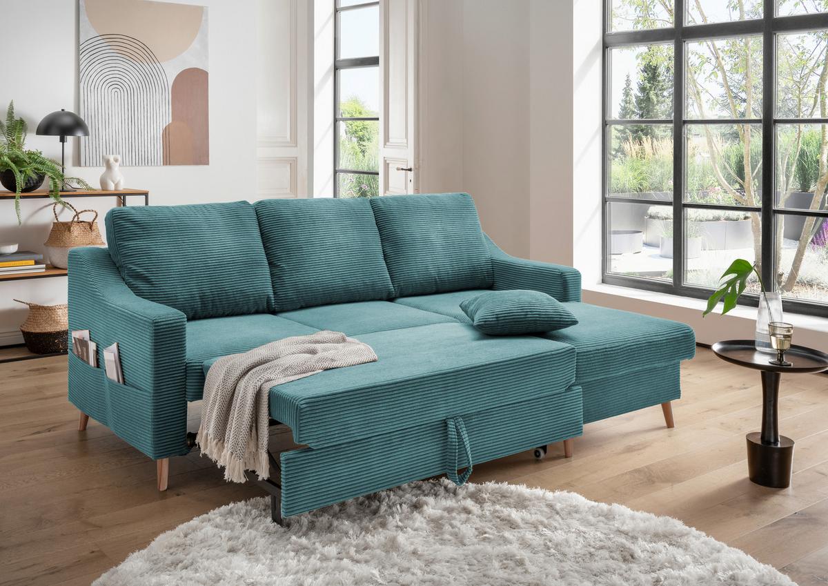 Ecksofa Valentina Cord ca. 228x150 cm Petrol - Petrol/Naturfarben, Design, Holz/Textil (228/150cm) - P & B