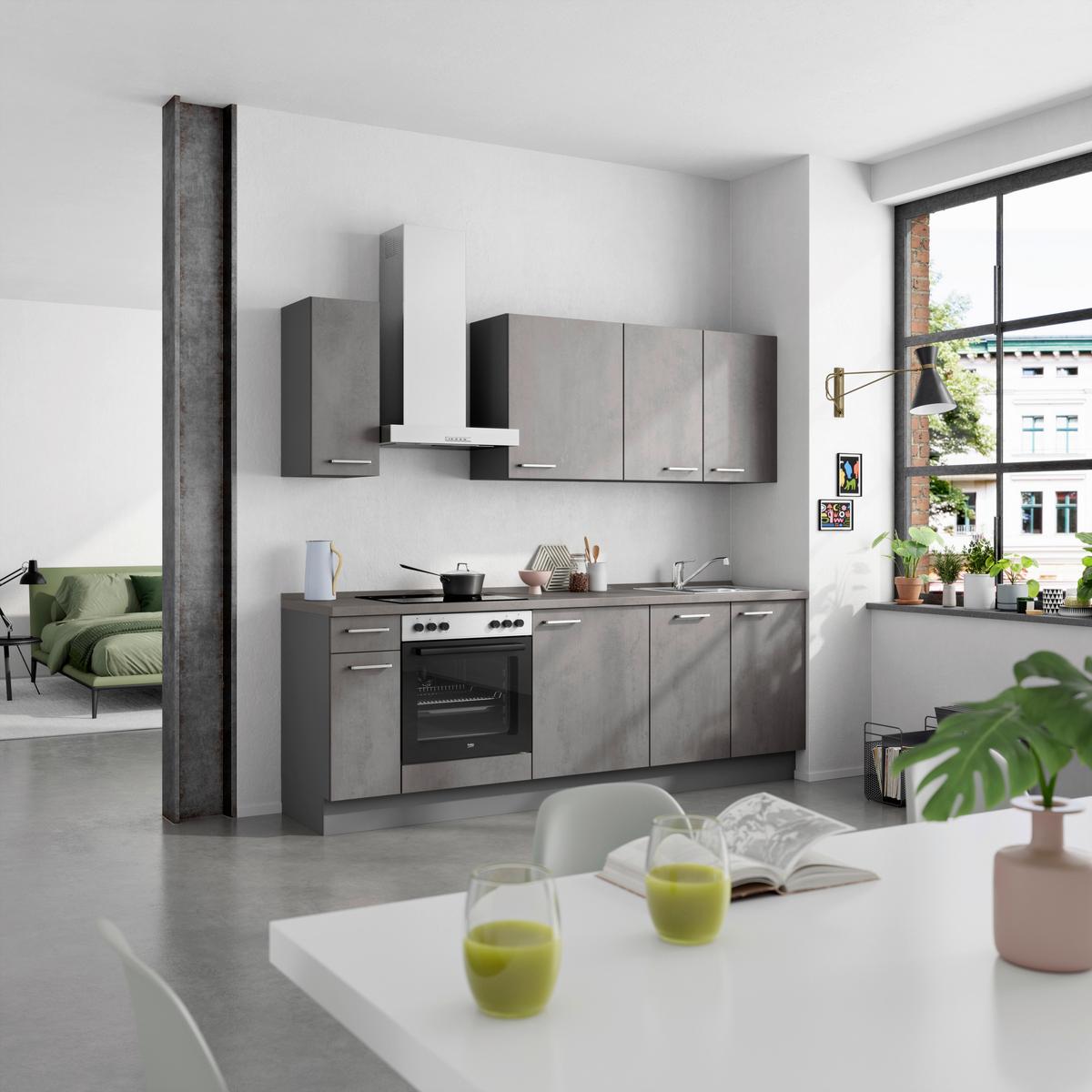 Küchenblock Riva Low m. Geräten Schieferfarben - Schieferfarben/Edelstahlfarben, MODERN, Holzwerkstoff/Metall (240cm) - Nobilia