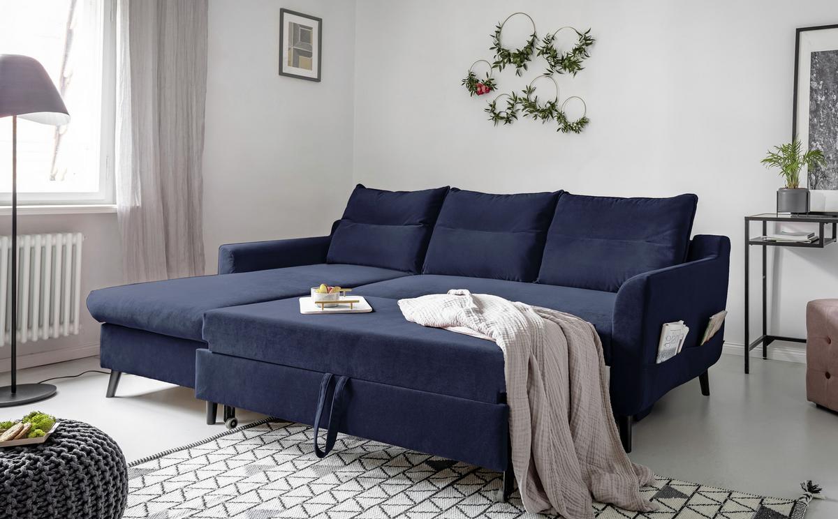 Eckschlafsofa in Dunkelblau ´STYLISH STAN DUNKELBLAU´ - Schwarz/Dunkelblau, Basics, Holz/Textil (150/230cm) - MID.YOU