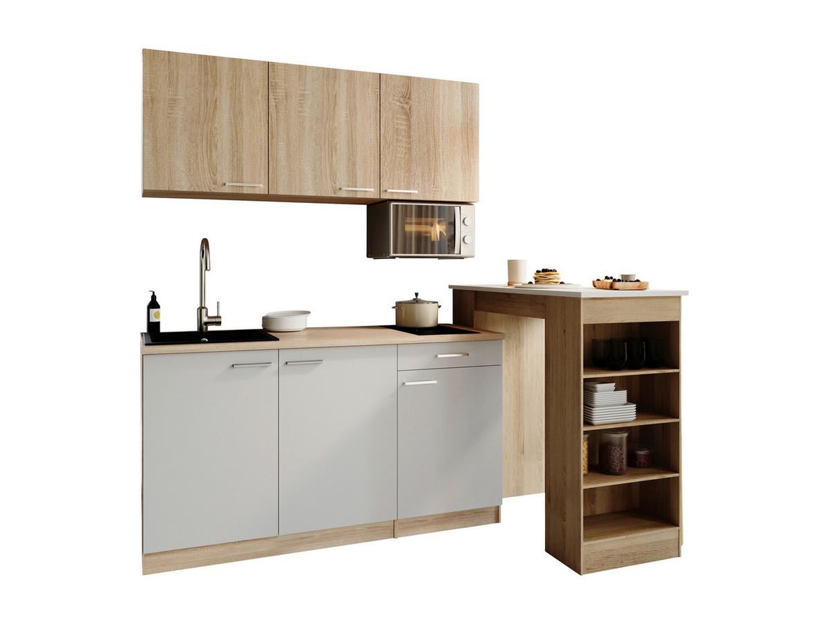 Miniküche Ingrid m. Geräten ca. 150cm Weiß - Eichefarben/Alufarben, Design, Holzwerkstoff/Kunststoff (150cm) - Respekta