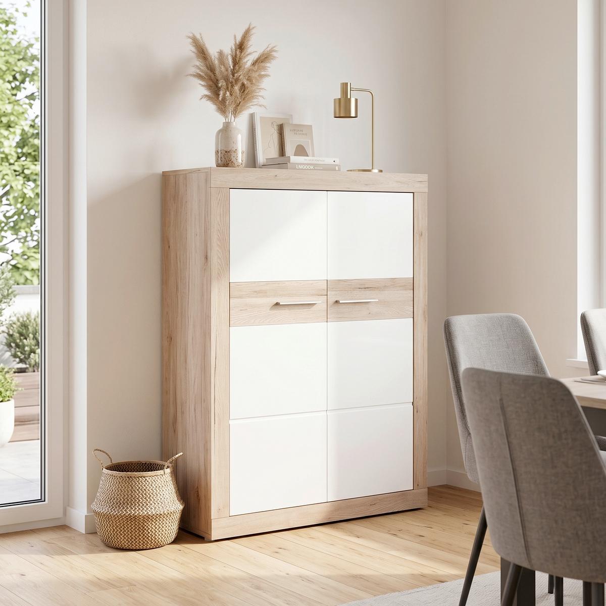 Komoda Malta - bijela/boje hrasta, Moderno, drvo/plastika (96/132/35cm) - Modern Living