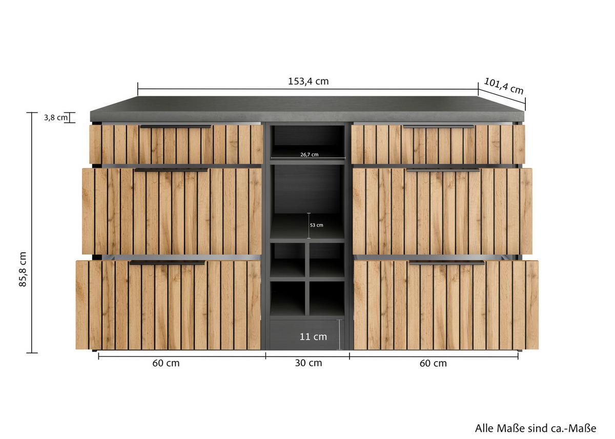 Kücheninsel Liverpool Typ 2 Eiche - Schieferfarben/Eiche Wotan, Basics, Holzwerkstoff/Metall (153/86/101cm) - Held