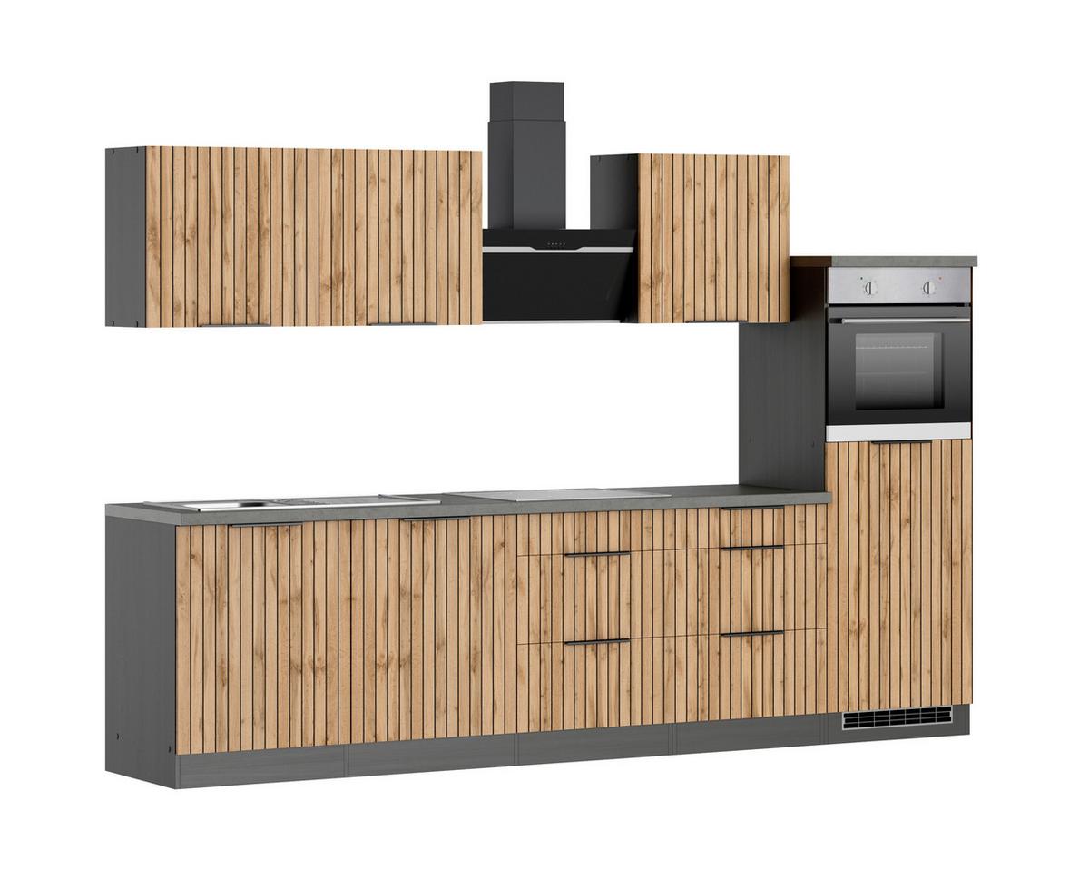 Küchenblock Liverpool m. Geräte Graphit/Eichefarben - Schieferfarben/Eiche Wotan, Basics, Holzwerkstoff/Metall (300cm) - Held