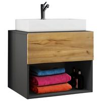 Kombiniran Umivalnik Lendas, Siva, Hrast - barve hrasta/bela, Moderno, leseni material/keramika (60cm) - MID.YOU