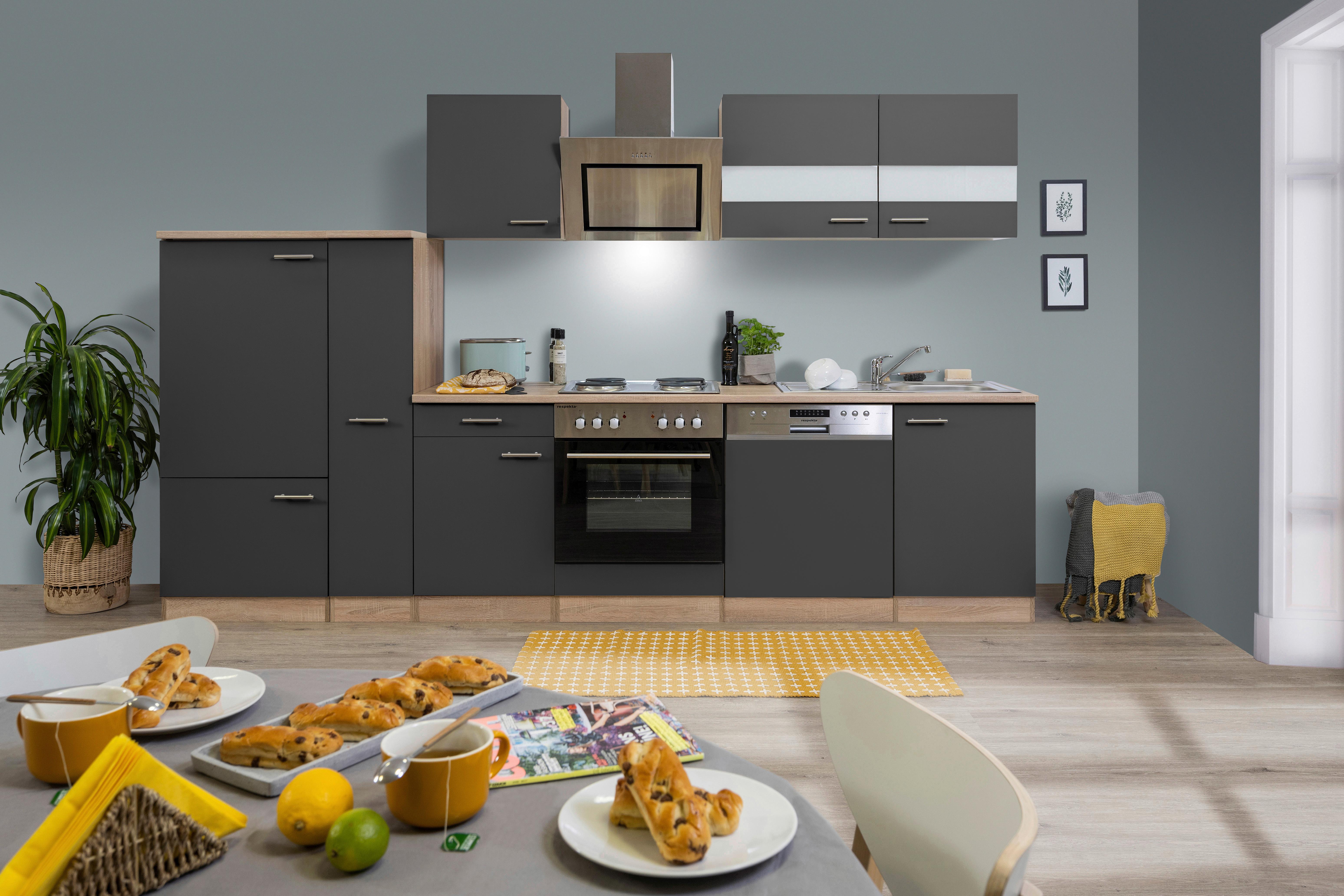 Küchenblock Merle mit Geräten ca. 310 cm Grau - Edelstahlfarben/Eichefarben, Basics, Holzwerkstoff/Metall (310cm) - Respekta