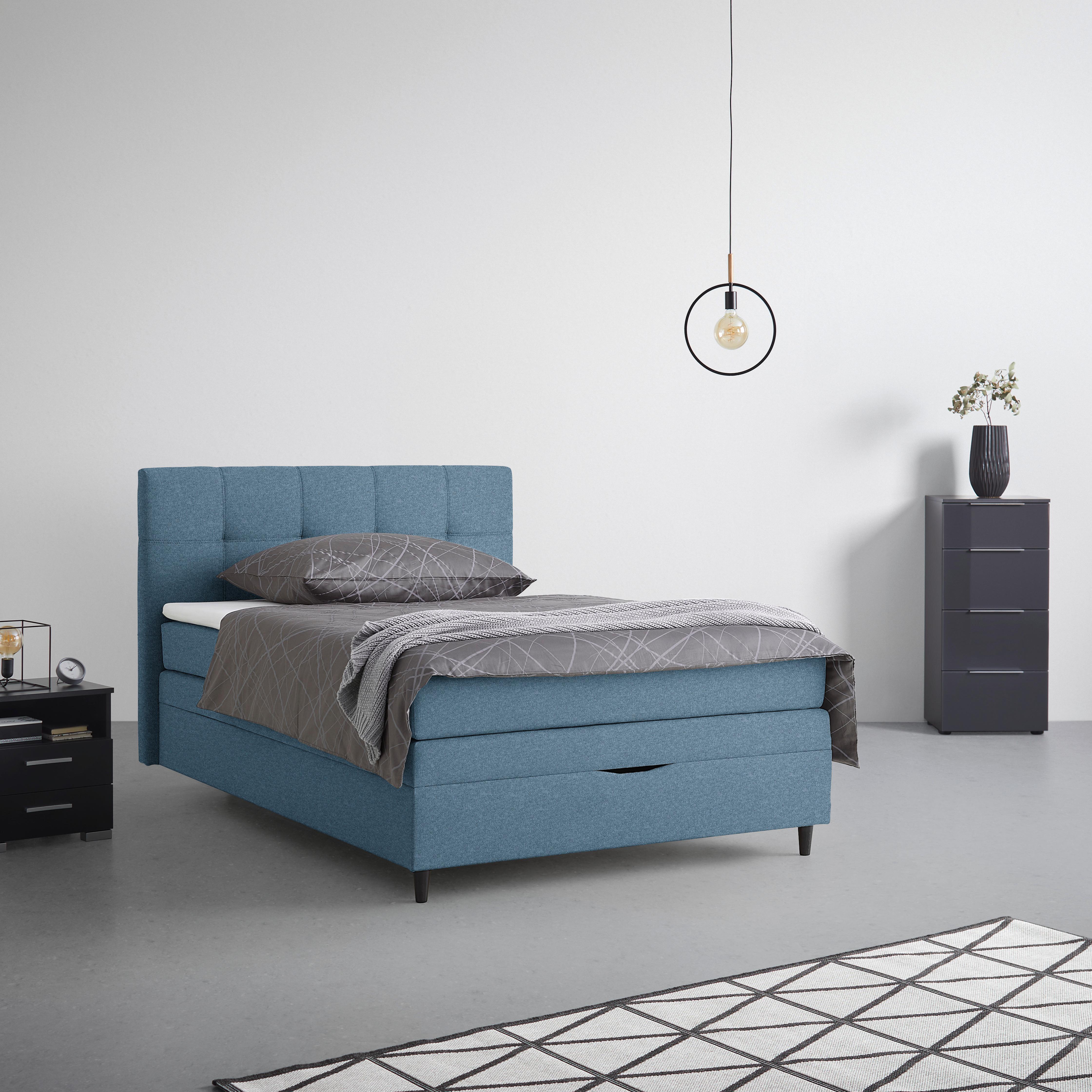 Boxspringbett Miami in Dunkelblau ca. 140x200cm - Schwarz Hochglanz/Dunkelblau, KONVENTIONELL, Holz/Holzwerkstoff (140/200cm) - Mömax
