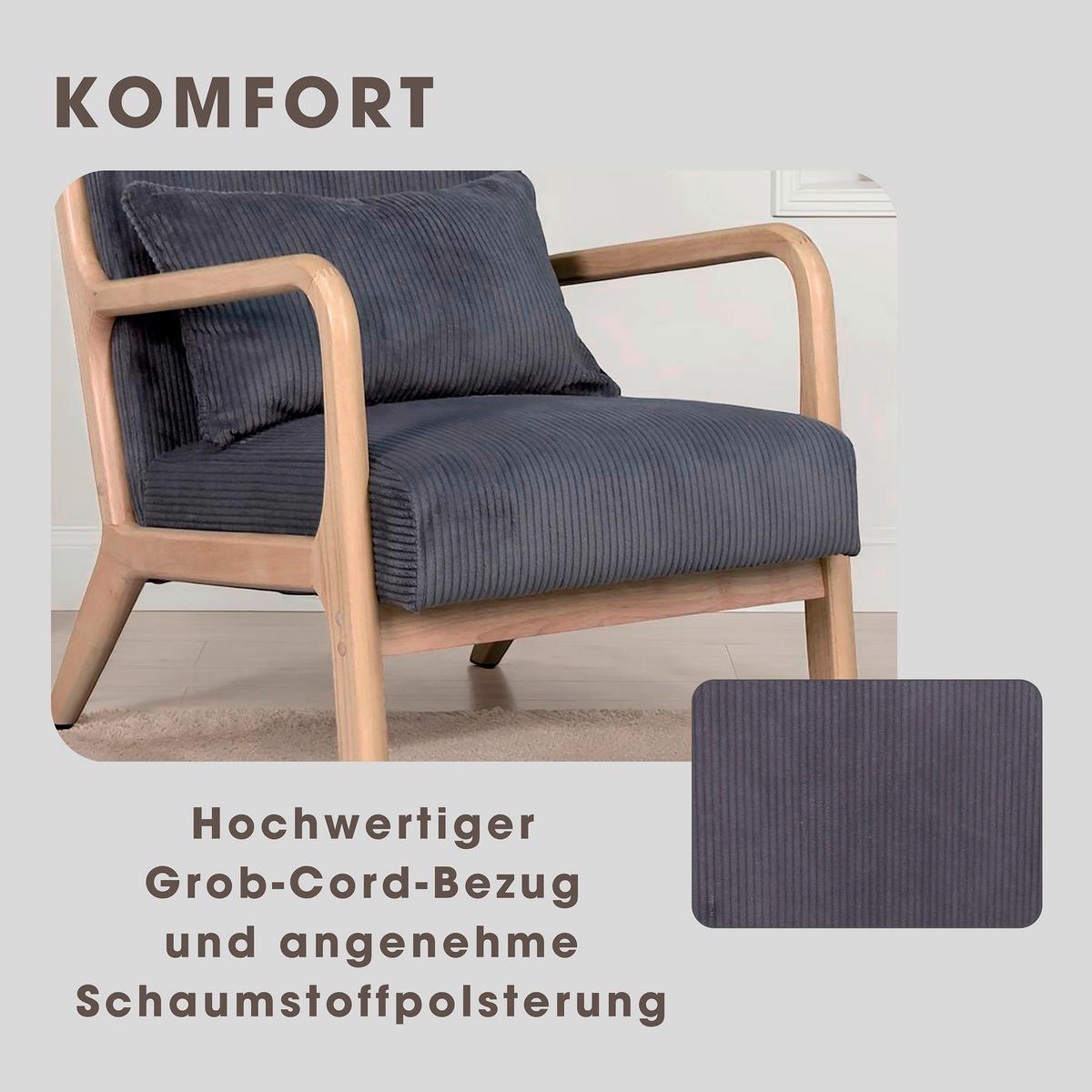 Sessel NOHR Grau, Cord - Braun/Grau, Basics, Holz/Textil (65/81/76cm) - MID.YOU