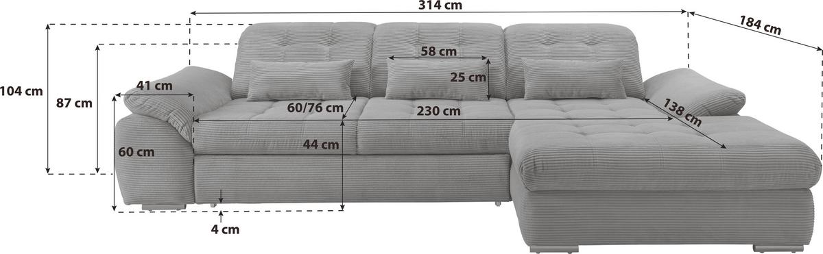 Ecksofa mit Bettkasten Rigatti ca. 314x184 cm Hellblau - Schwarz/Hellblau, MODERN, Textil/Metall (314/184cm) - Livetastic