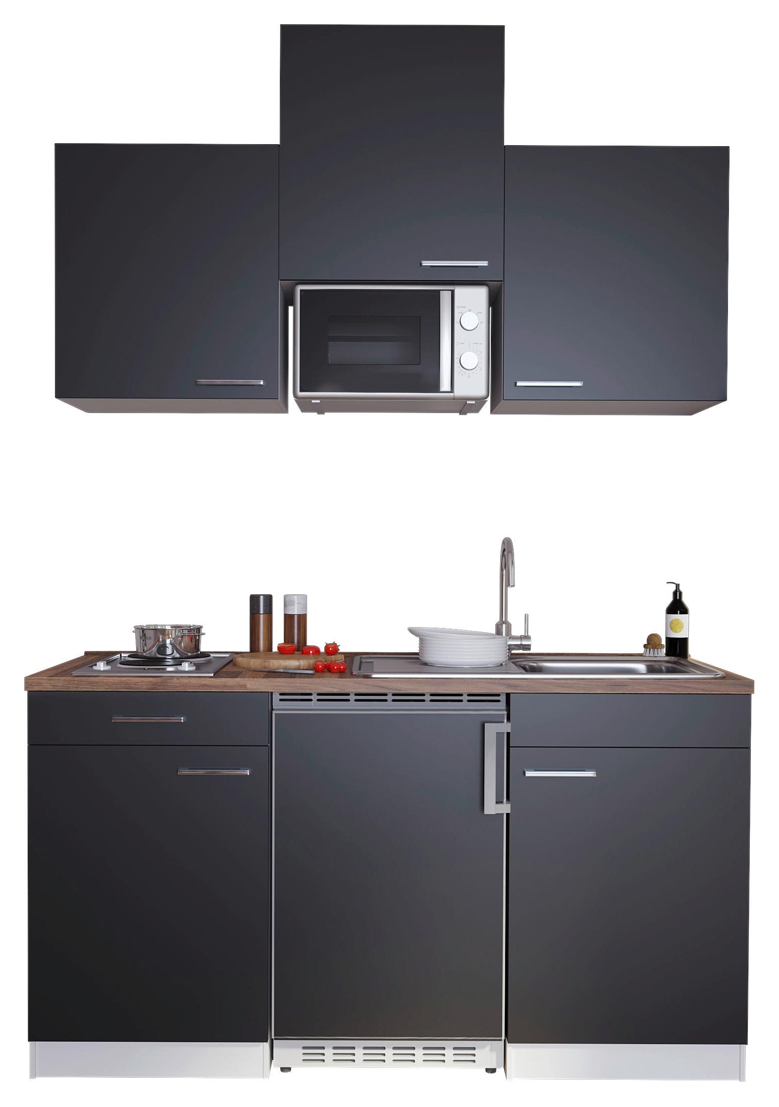 Miniküche Economy m. Geräten Schwarz B: ca. 150 cm - Edelstahlfarben/Nussbaumfarben, Basics, Holzwerkstoff/Kunststoff (150cm) - Respekta