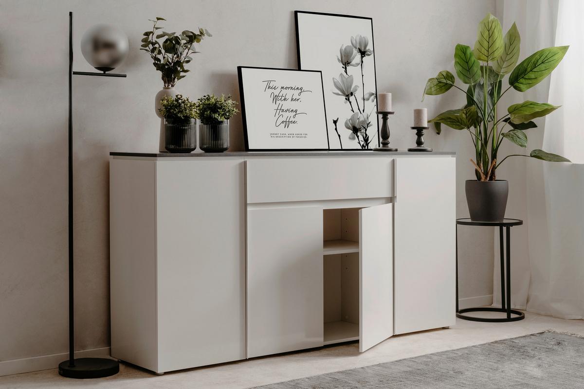 KOMODA SZEROKA BREST - biały wysoki połysk/kolor srebrny, Design, materiał drewnopochodny/tworzywo sztuczne (177,5/92/40cm) - Livetastic