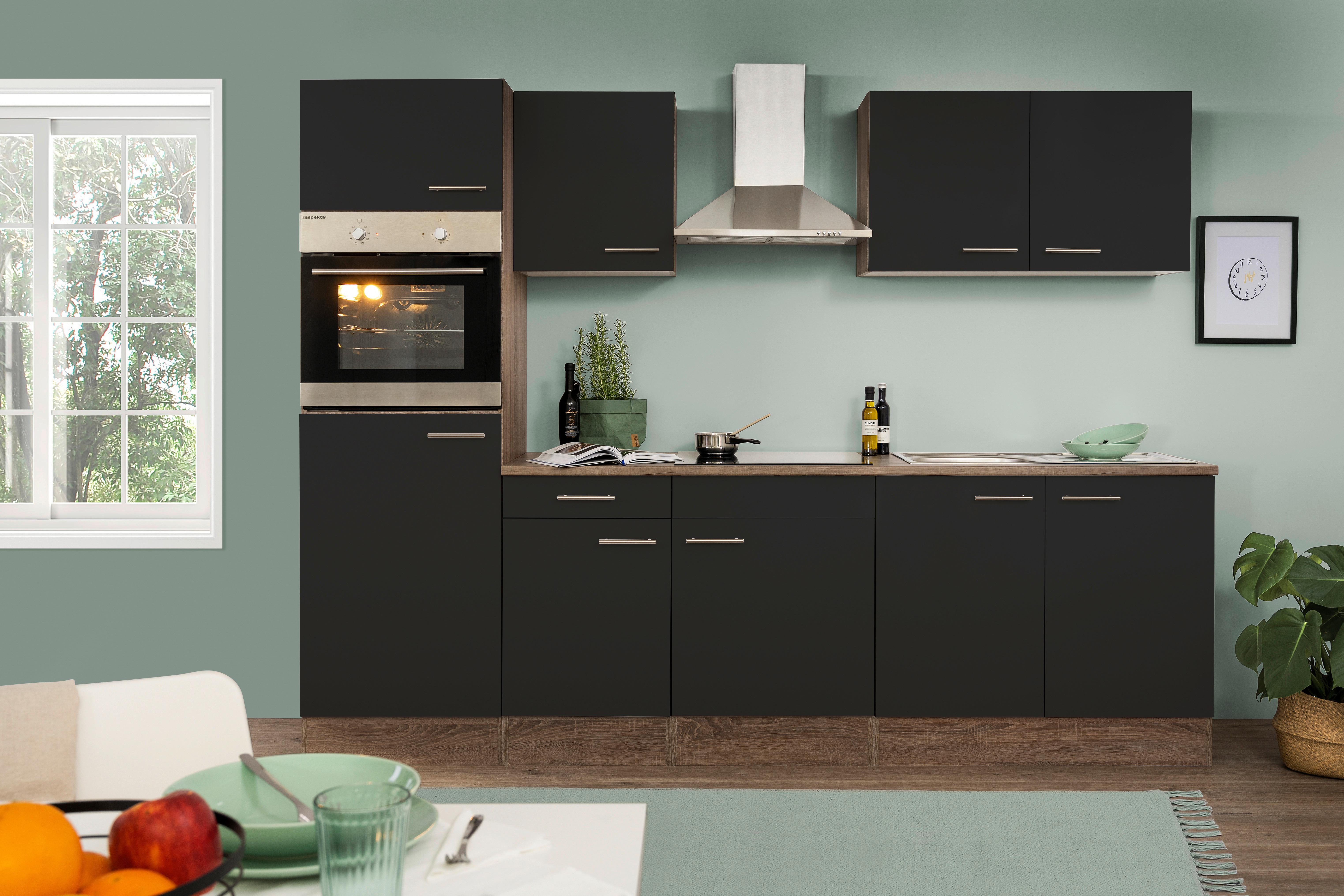 Küchenzeile mit Geräte Schwarz /Eiche Dekor B: ca. 270 cm - Edelstahlfarben/Eichefarben, Design, Holzwerkstoff/Metall (270cm) - Respekta