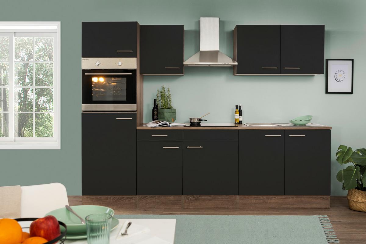 Küchenzeile mit Geräte Schwarz /Eiche Dekor B: ca. 270 cm - Edelstahlfarben/Eichefarben, Design, Holzwerkstoff/Metall (270cm) - Respekta