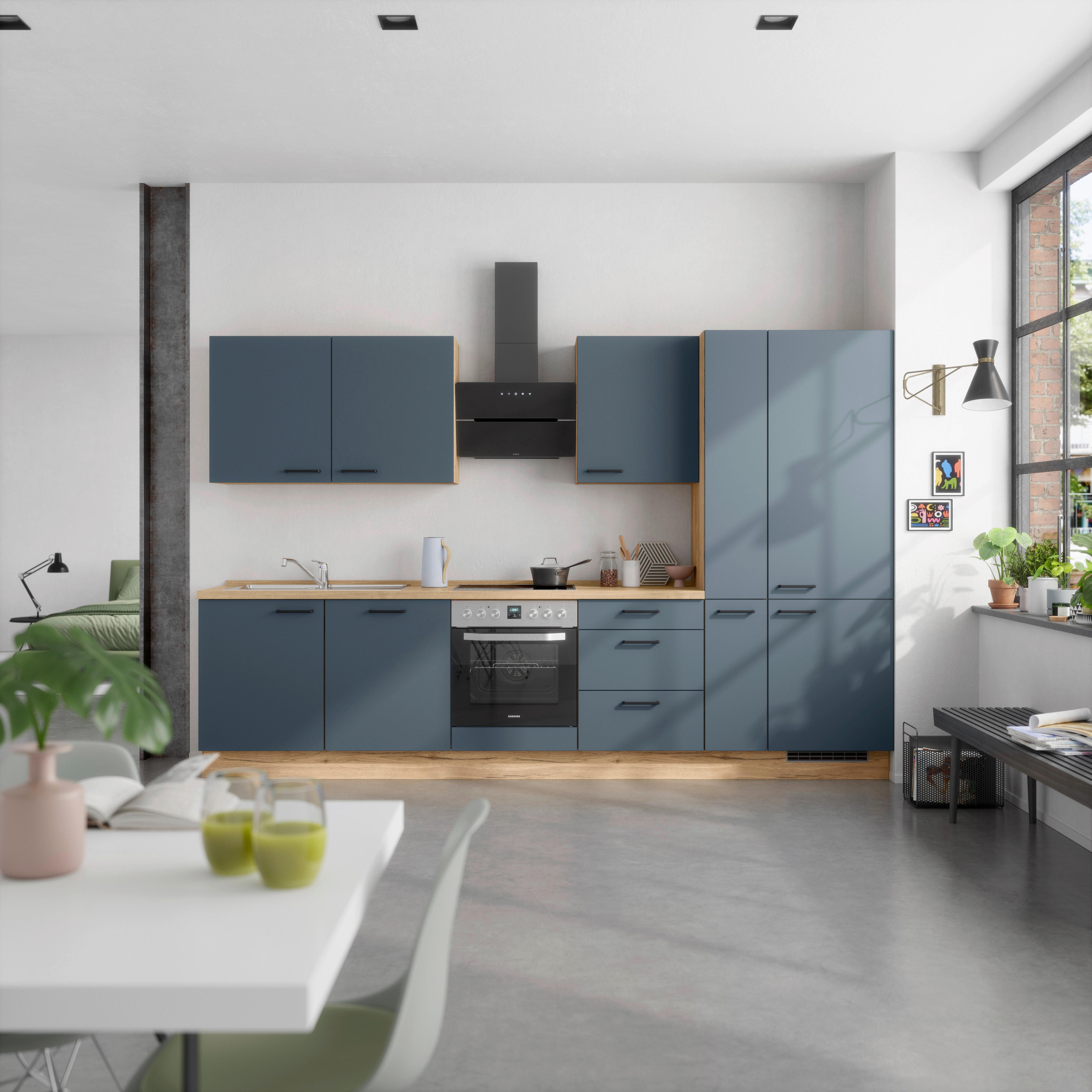 Küchenblock Easytouch High m. Geräten Dunkelblau - Eichefarben/Schwarz, MODERN, Holzwerkstoff/Metall (330cm) - Nobilia