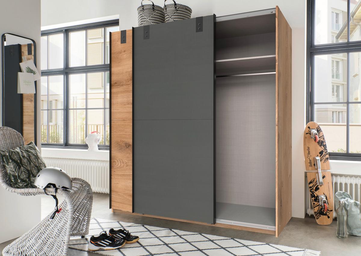 Ormar S Kliznim Vratima Cardiff - boje grafita/boje hrasta, Basics, drvni materijal (180/198/64cm) - Modern Living
