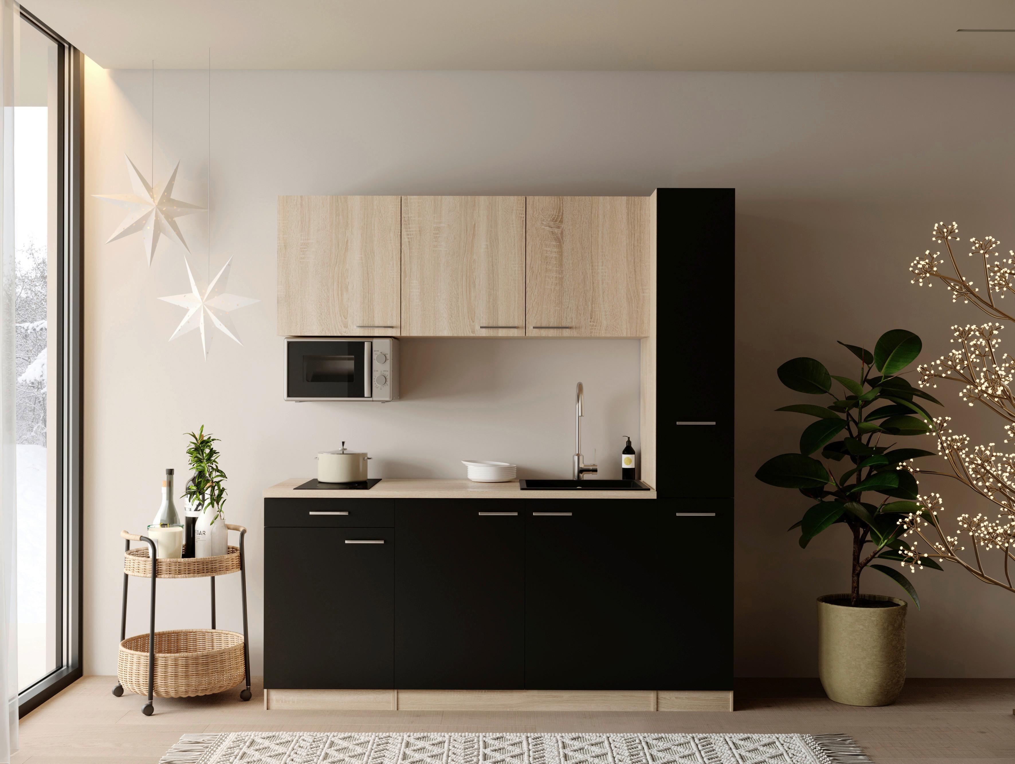Küchenblock Ingrid m. Geräten Schwarz - Eichefarben/Schwarz, Design, Holzwerkstoff/Kunststoff (180cm) - Respekta