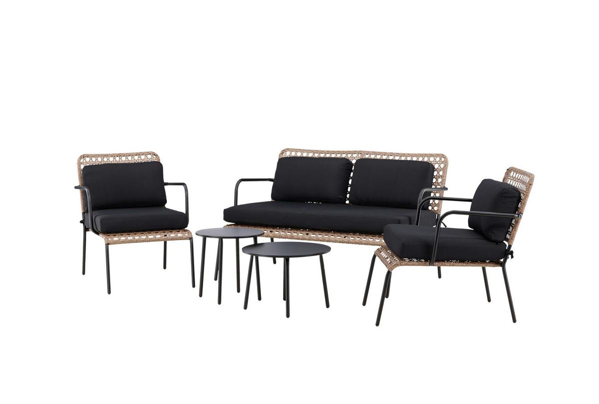 Loungegarnitur Paola 5-tlg. Rattan geflecht - Dunkelgrau/Schwarz, KONVENTIONELL, Naturmaterialien/Holz - Gardenson