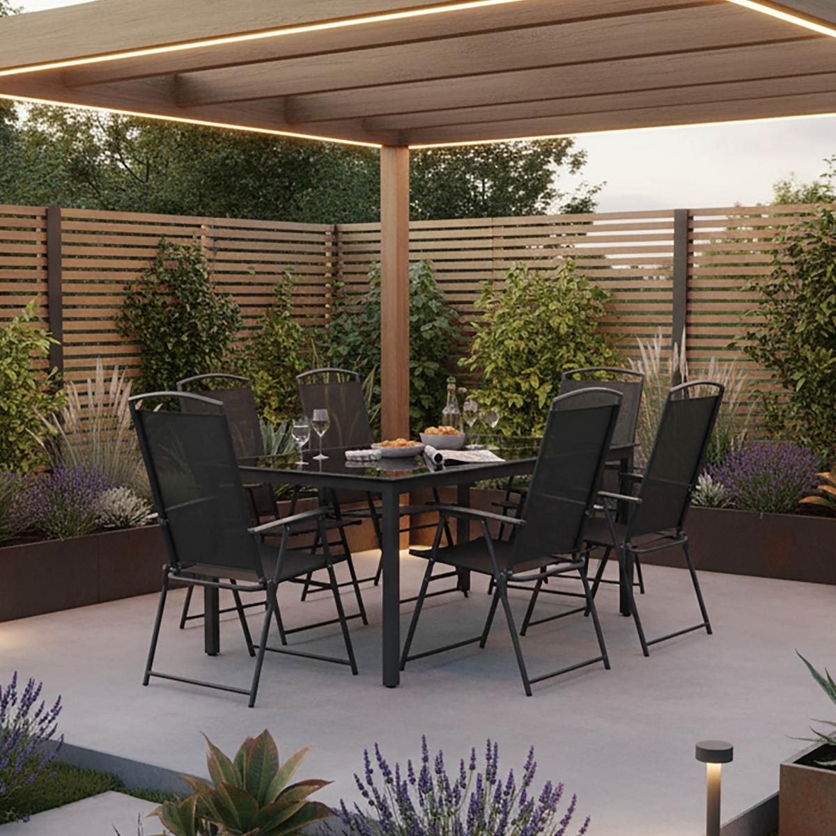 Gartentischgruppe Schwarz 7-teilig - Anthrazit/Schwarz, Basics, Glas/Textil (189/90/73cm) - Gardenson