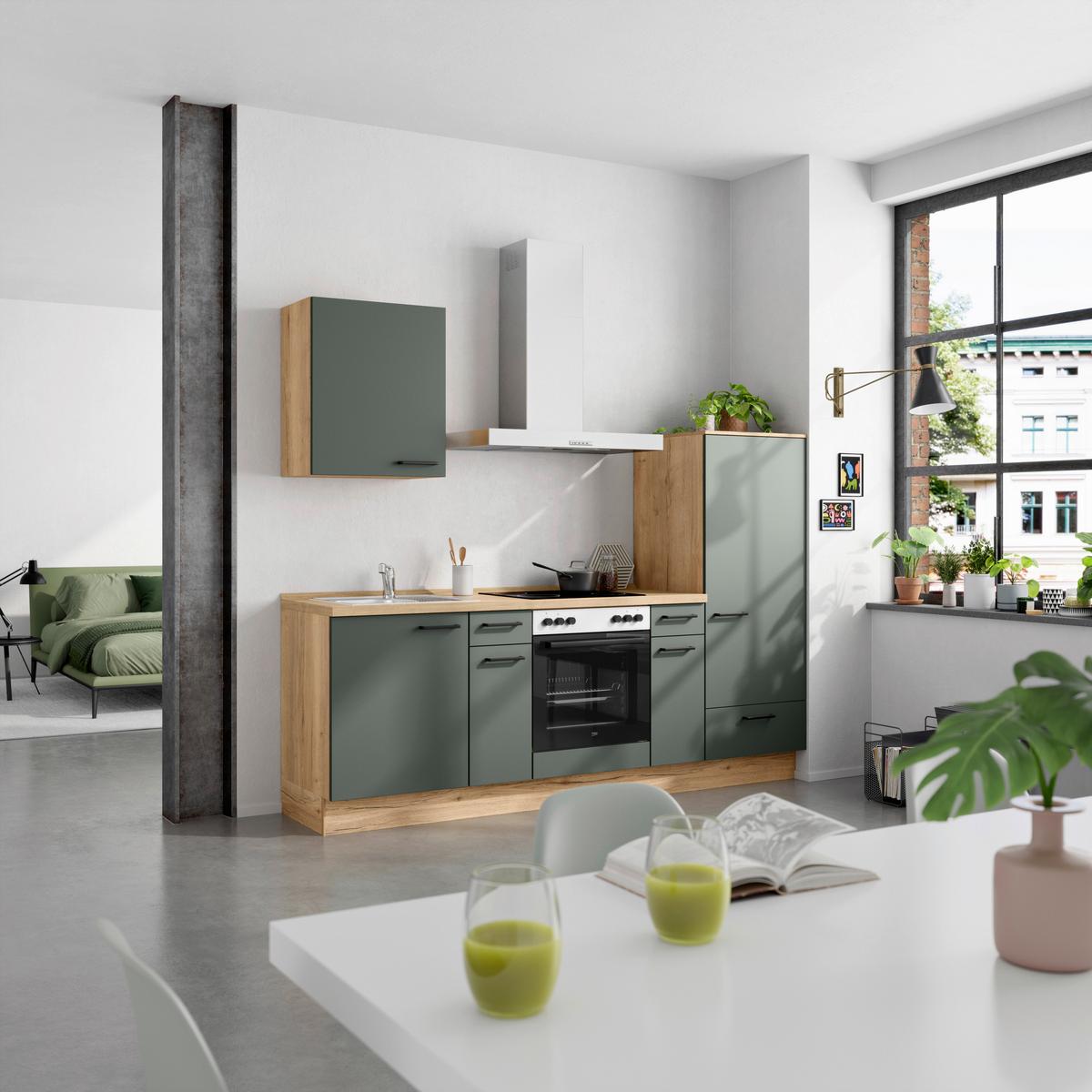 Küchenblock Easytouch Low m. Geräten Dunkelgrün - Dunkelgrün/Eichefarben, MODERN, Holzwerkstoff/Metall (240cm) - Nobilia