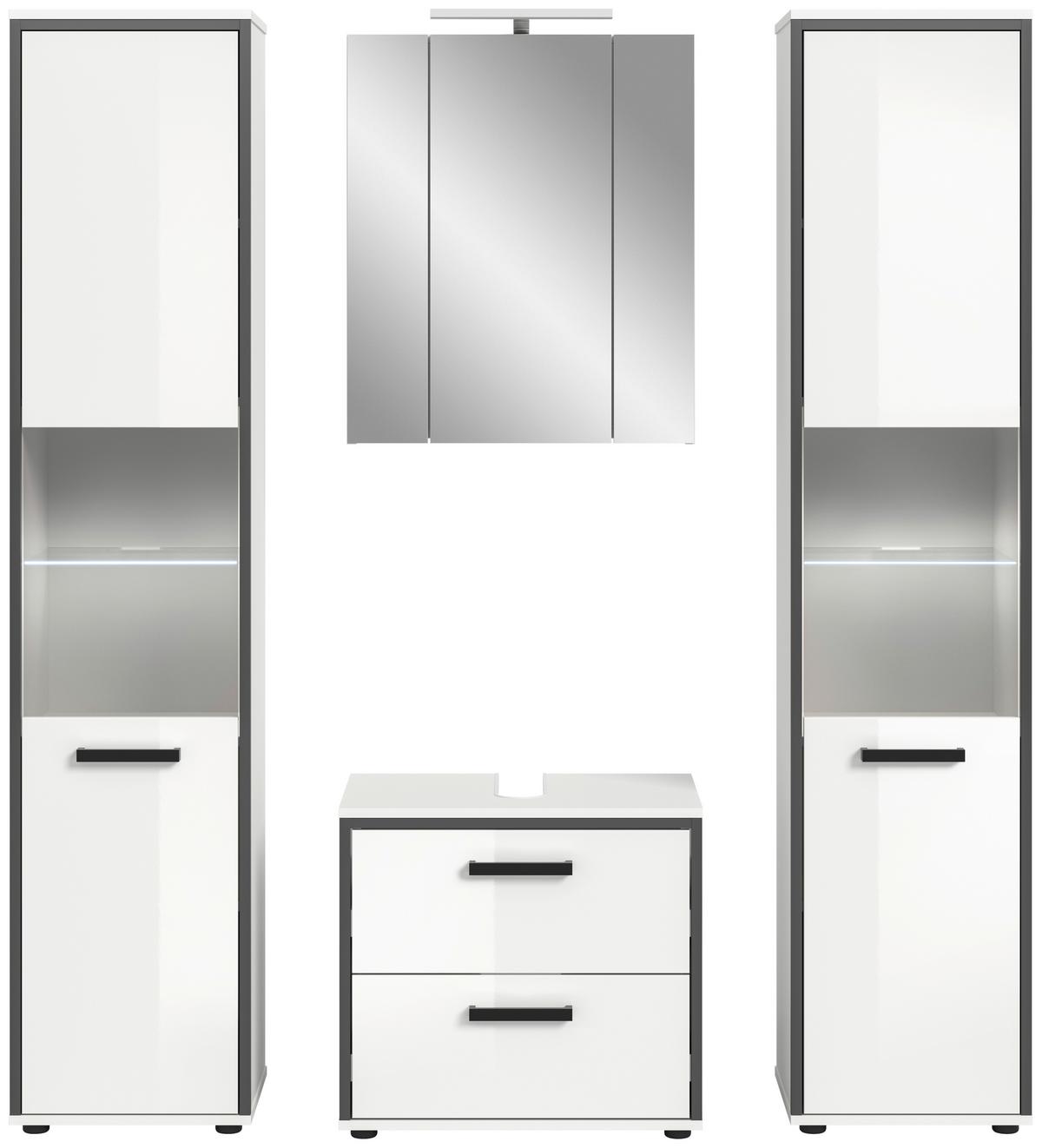 Badezimmer Kojak 4-tlg. Weiß/Anthrazit m. LED - Weiß Hochglanz/Schwarz, MODERN, Holzwerkstoff/Kunststoff (140cm) - MID.YOU