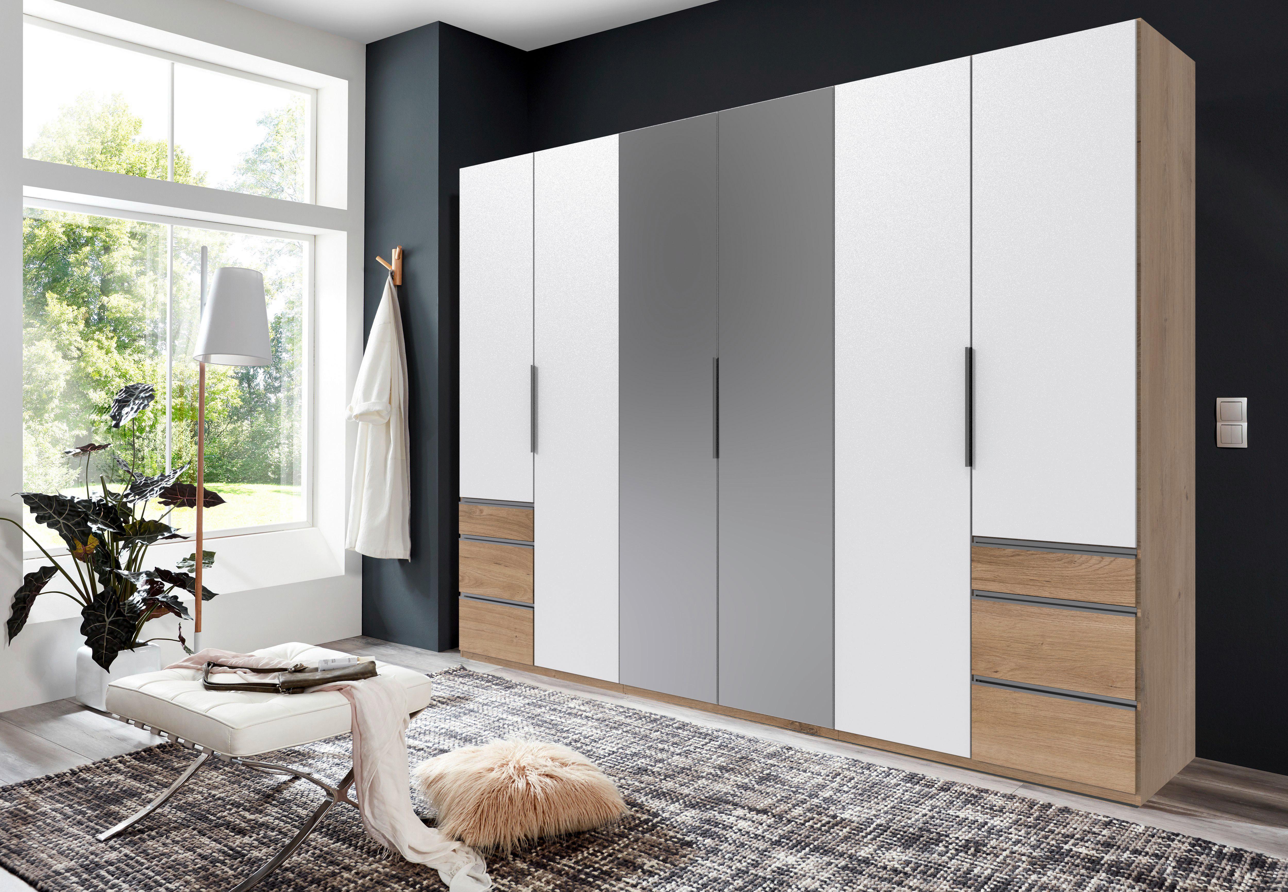 Drehtürenschrank Level 36A mit Spiegel ca. 300 cm Weiß/Eiche - Chromfarben/Eichefarben, MODERN, Glas/Holzwerkstoff (300/216/58cm) - MID.YOU