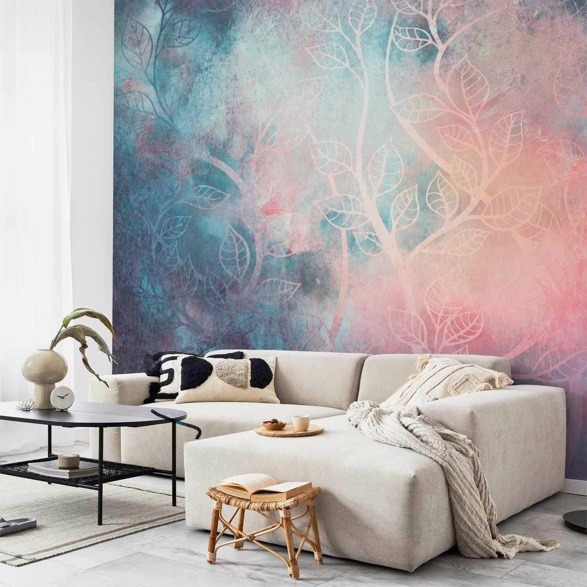 Fototapeta Jungle Afterimages, 300x210cm - pastelno modra/barve korale, Trendi, tekstil (300/210cm) - artgeist