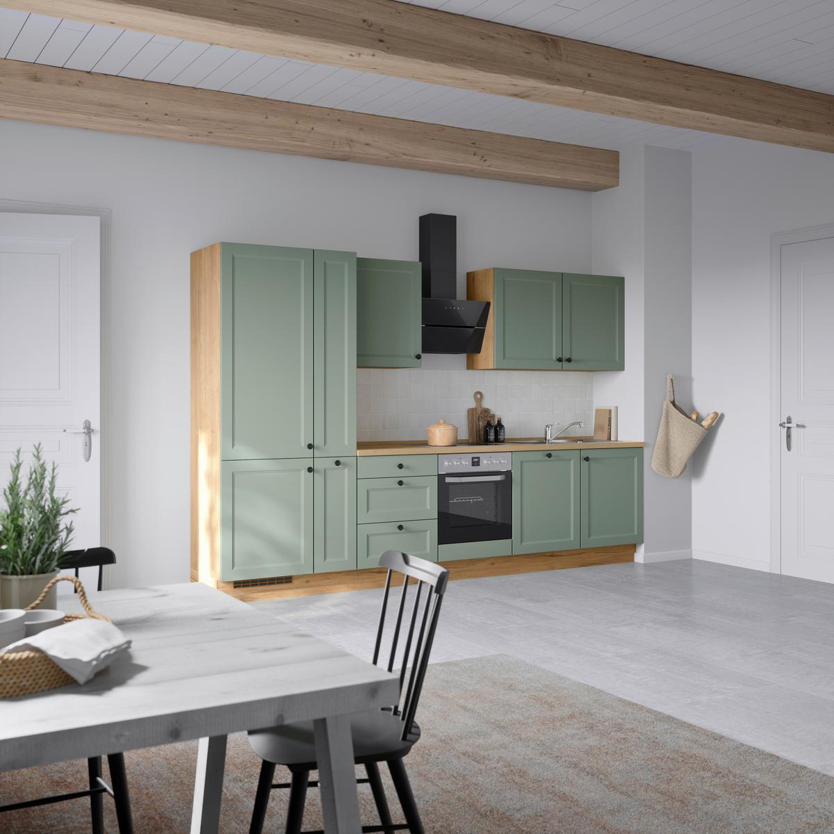Küchenblock Cascada High m. Geräten Schilfgrün - Schilfgrün/Eichefarben, MODERN, Holzwerkstoff/Metall (330cm) - Nobilia