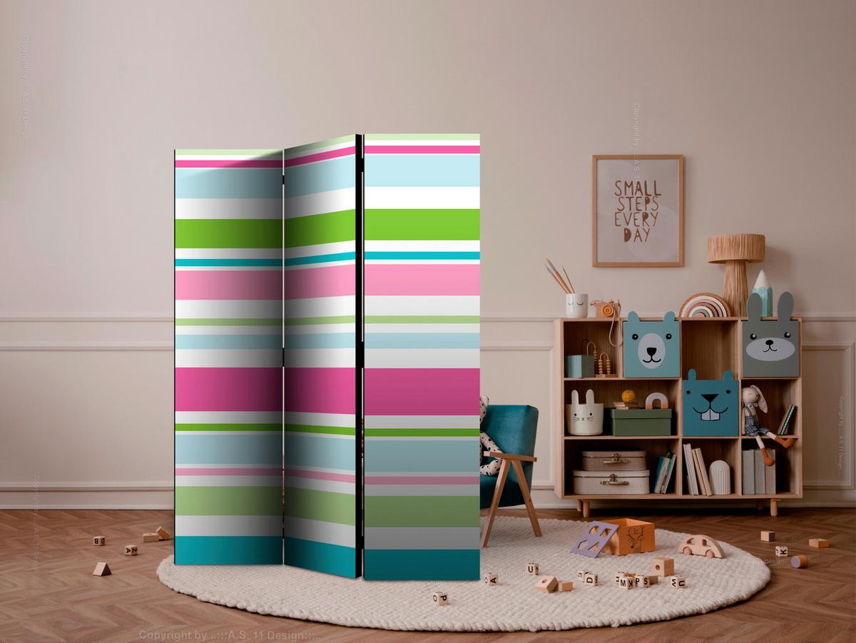 Paravan Bright Stripes, 3-Delni, Dvostranski - turkizna/bela, Basics, tekstil/les (135/172/3cm) - artgeist