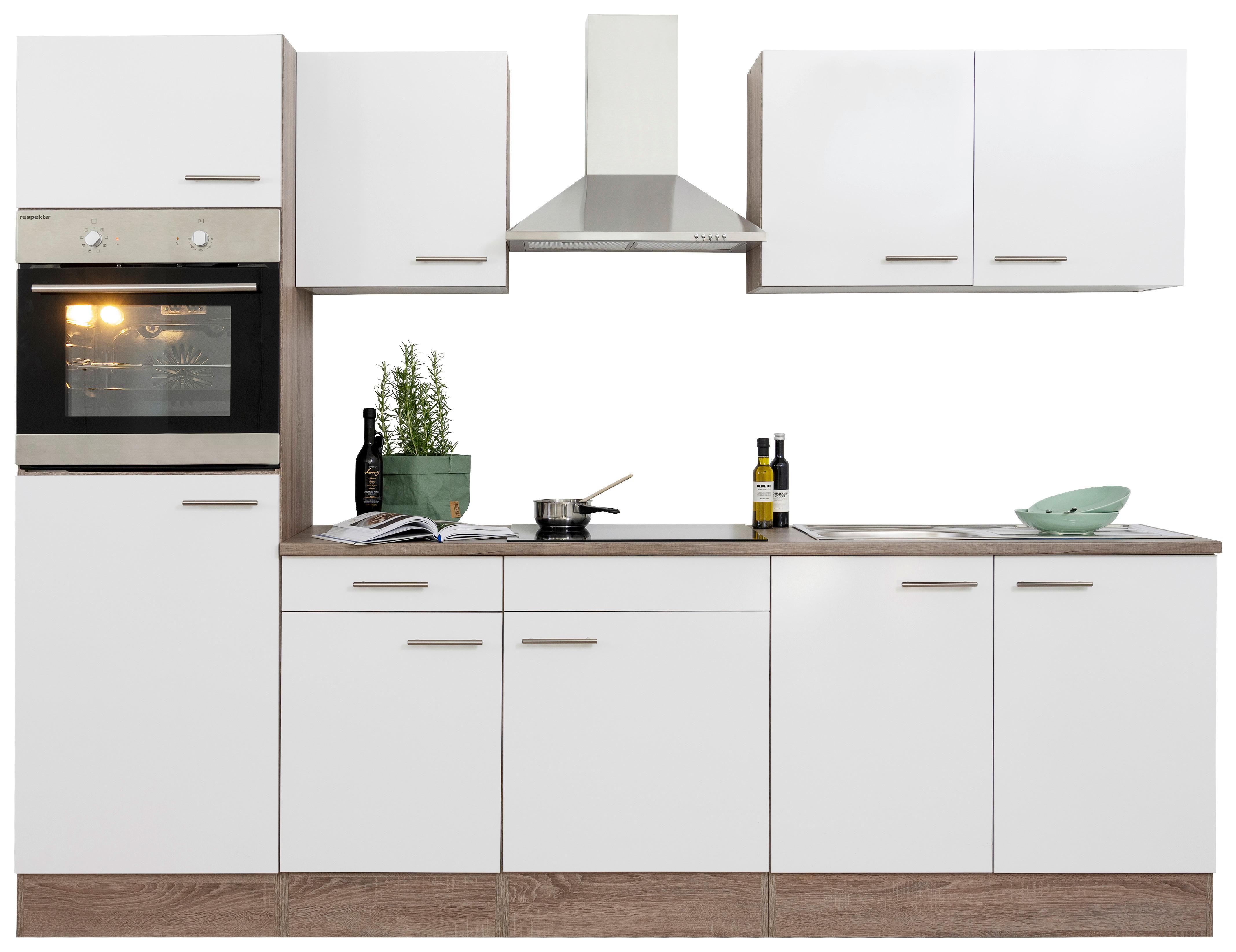 Küchenzeile Economy o. Geräte Weiß/Eiche Dekor B: ca. 270 cm - Edelstahlfarben/Eichefarben, Basics, Holzwerkstoff (270cm) - Respekta