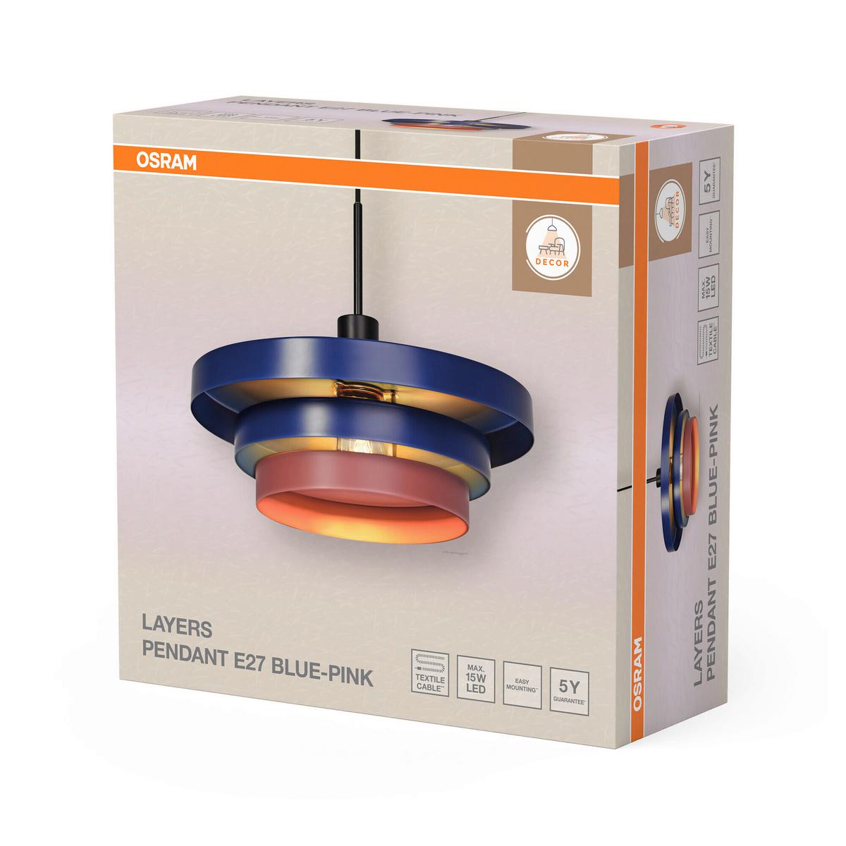 LAMPA WISZĄCA DECOR LAYERS PENDANT E27 BL - różowy/niebieski, Basics, metal (40/136cm) - Osram