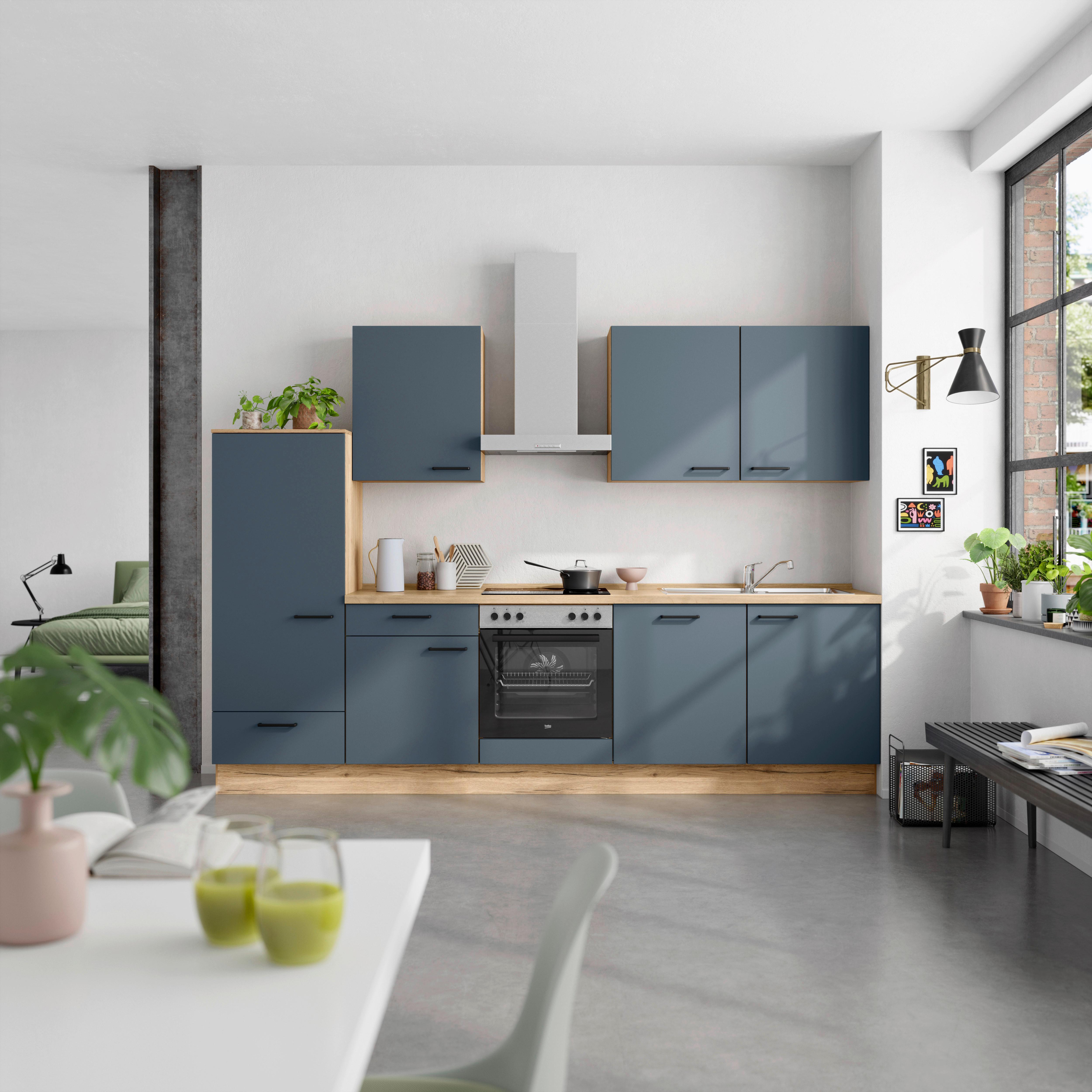 Küchenblock Easytouch Low m. Geräten Dunkelblau - Eichefarben/Schwarz, MODERN, Holzwerkstoff/Metall (300cm) - Nobilia