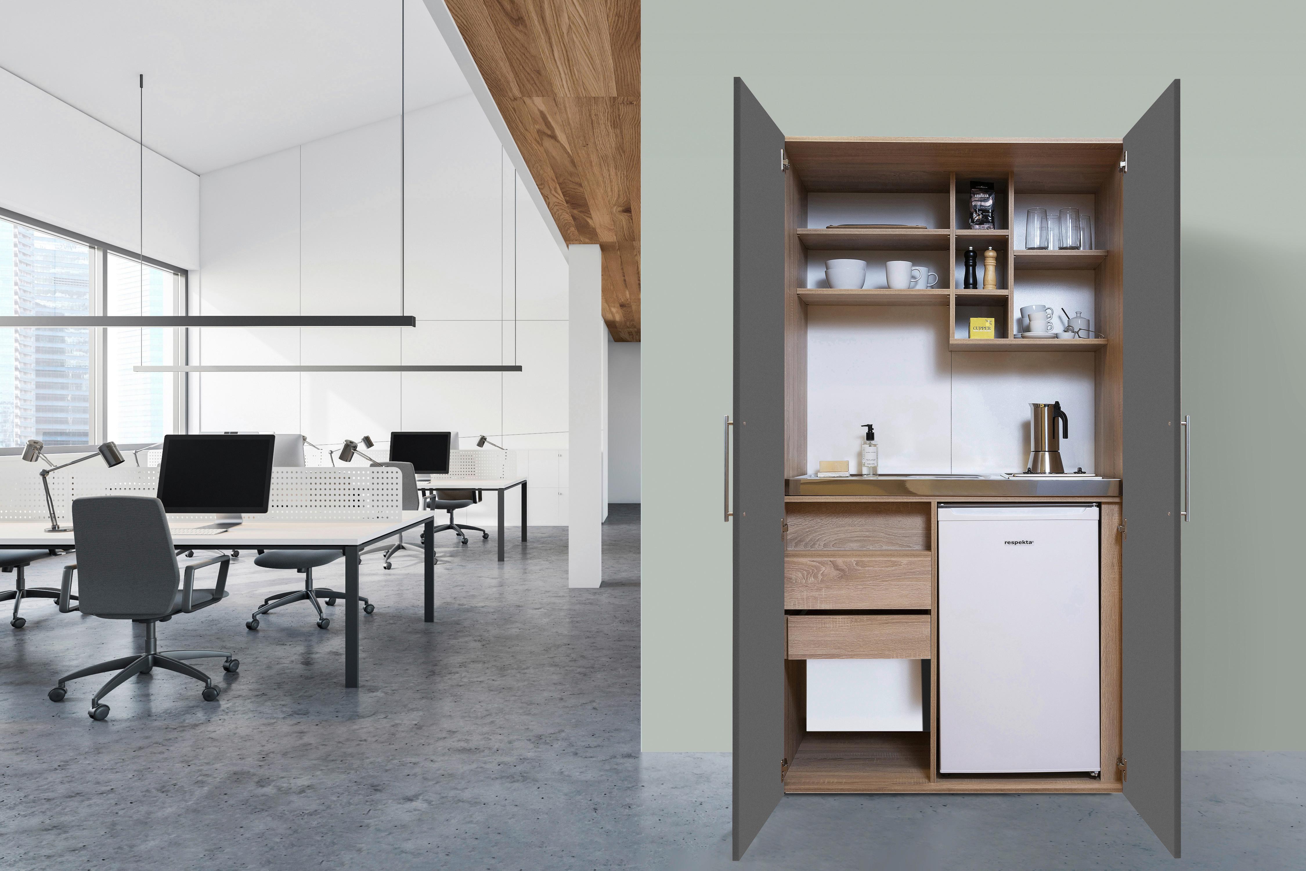 Schrankküche mit Kühlschrank + Kochfeld Grau B: ca. 104 cm - Edelstahlfarben/Eichefarben, KONVENTIONELL, Holzwerkstoff/Metall (104/193/67cm) - Respekta