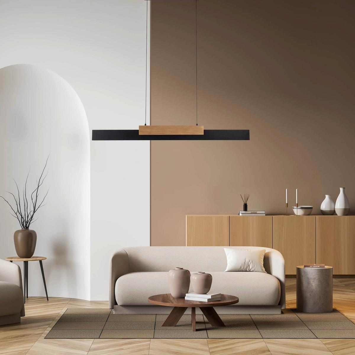 LED-Pendelleuchte Wiebke Schwarz/Eiche max. 34 Watt - Eichefarben/Schwarz, Natur, Holz/Metall (120.5/6/150cm) - Näve