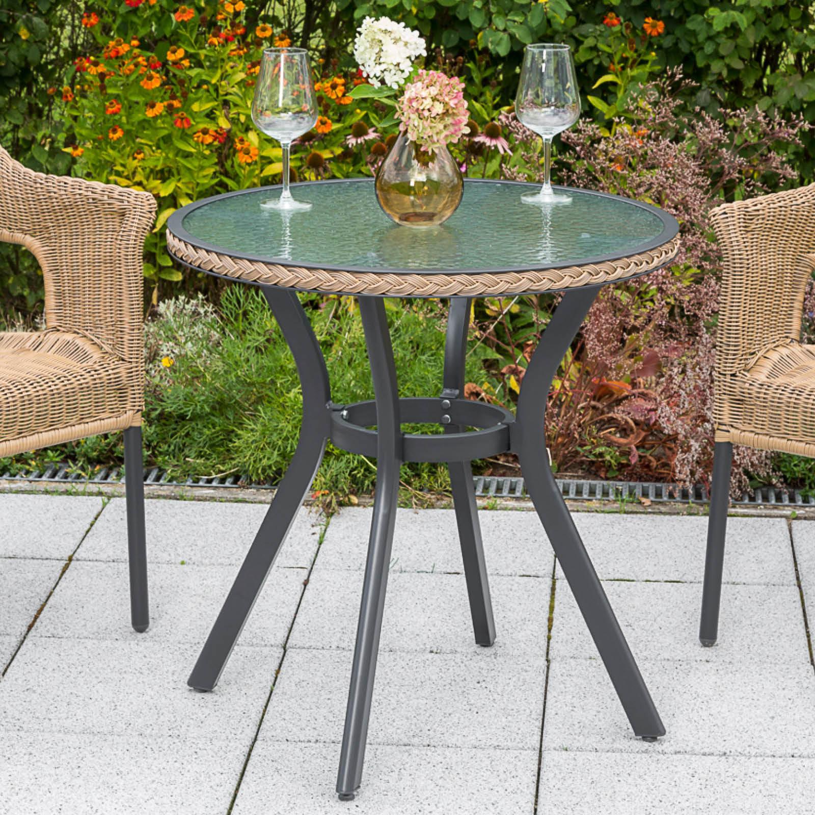 Gartentisch Ravenna Glas/Metall ⌀ 70 cm - Graphitfarben/Naturfarben, ROMANTIK / LANDHAUS, Glas/Metall (70cm) - Gardenson