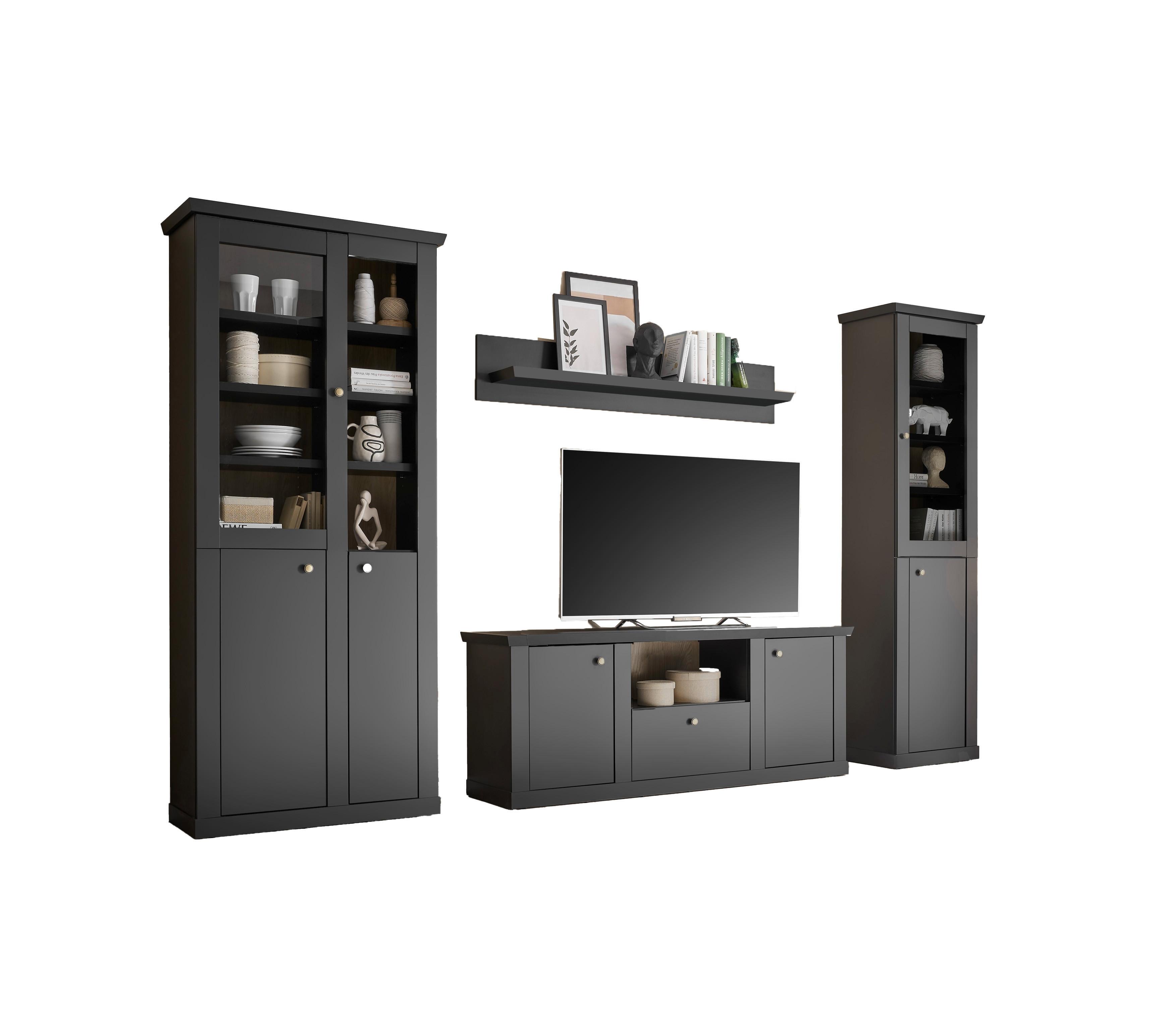 Wohnwand Lincoln Schwarz/Eichefarben B: 319cm - Eichefarben/Messingfarben, Design, Holzwerkstoff/Metall (319/200/42cm) - MID.YOU