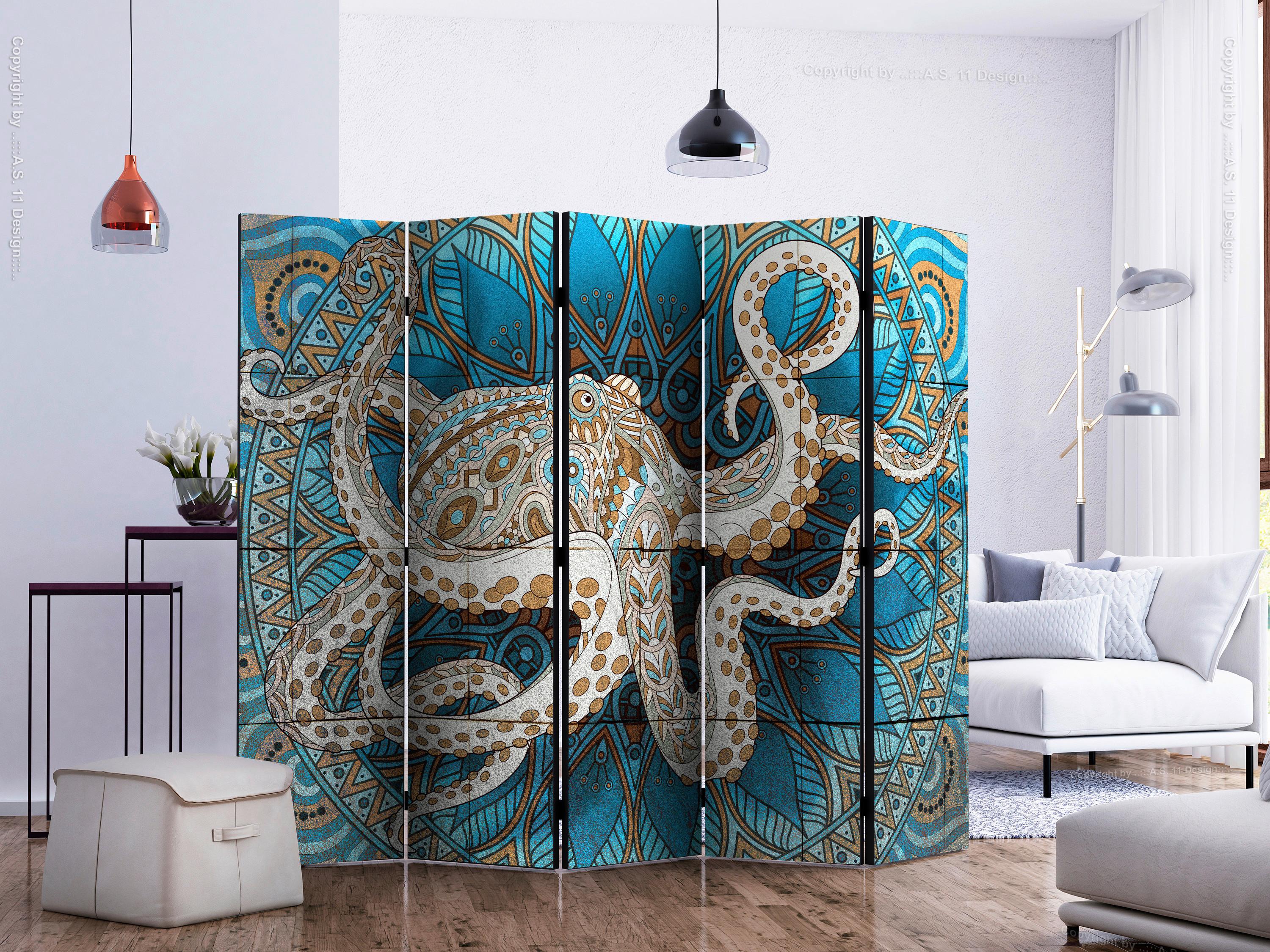 Paravan Zen Octopus I, 5-Delni, Dvostranski - modra/rjava, Moderno, tekstil/les (225/172/3cm) - artgeist