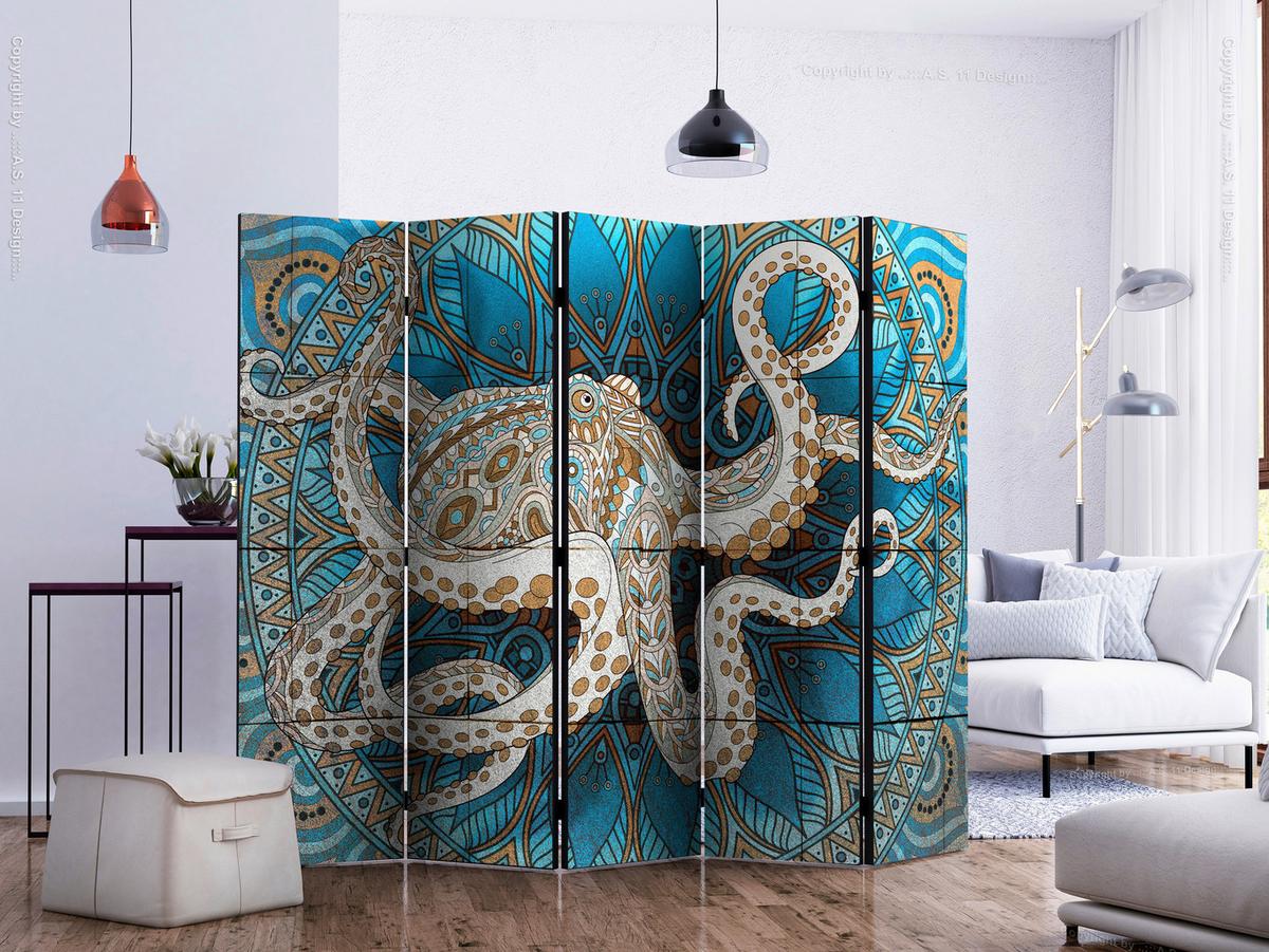 Paravan Zen Octopus I, 5-Delni, Akustičen - modra/rjava, Moderno, umetna masa/tekstil (225/172/3cm) - artgeist