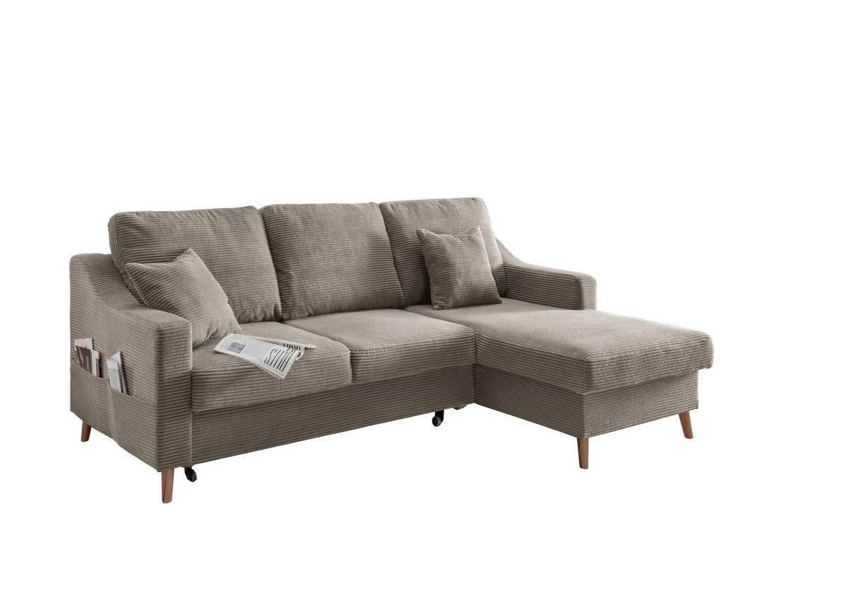 Ecksofa Valentina Cord ca. 228x150 cm Graubraun - Graubraun/Naturfarben, Design, Holz/Textil (228/150cm) - P & B