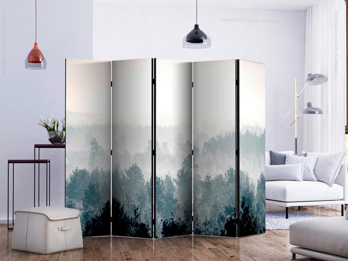 Paravan Winter Forest I, 5-Delni, Akustičen - pastelno modra/sivobela, Basics, umetna masa/tekstil (225/172/3cm) - artgeist