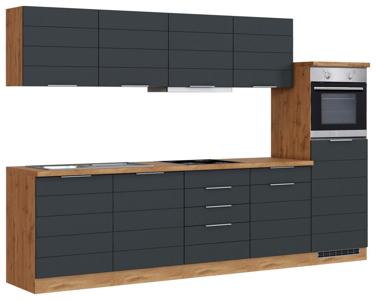 Küchenblock Florenz mit Geräten ca. 300 cm Grau/Eiche - Eiche Wotan/Grau, Design, Holzwerkstoff/Metall (300cm) - Held