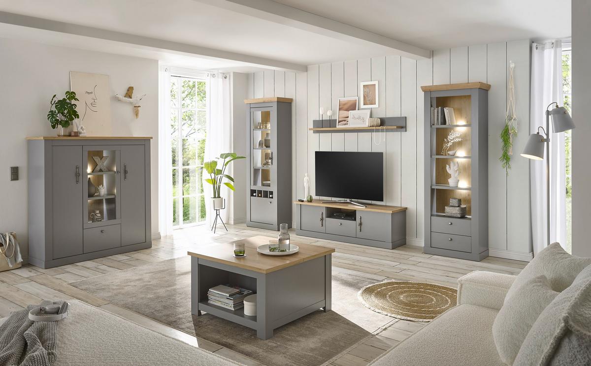 Wohnwand Chambord Eichefarben/Hellgrau - Eichefarben/Silberfarben, Design, Holzwerkstoff/Metall (317/201/44cm) - MID.YOU