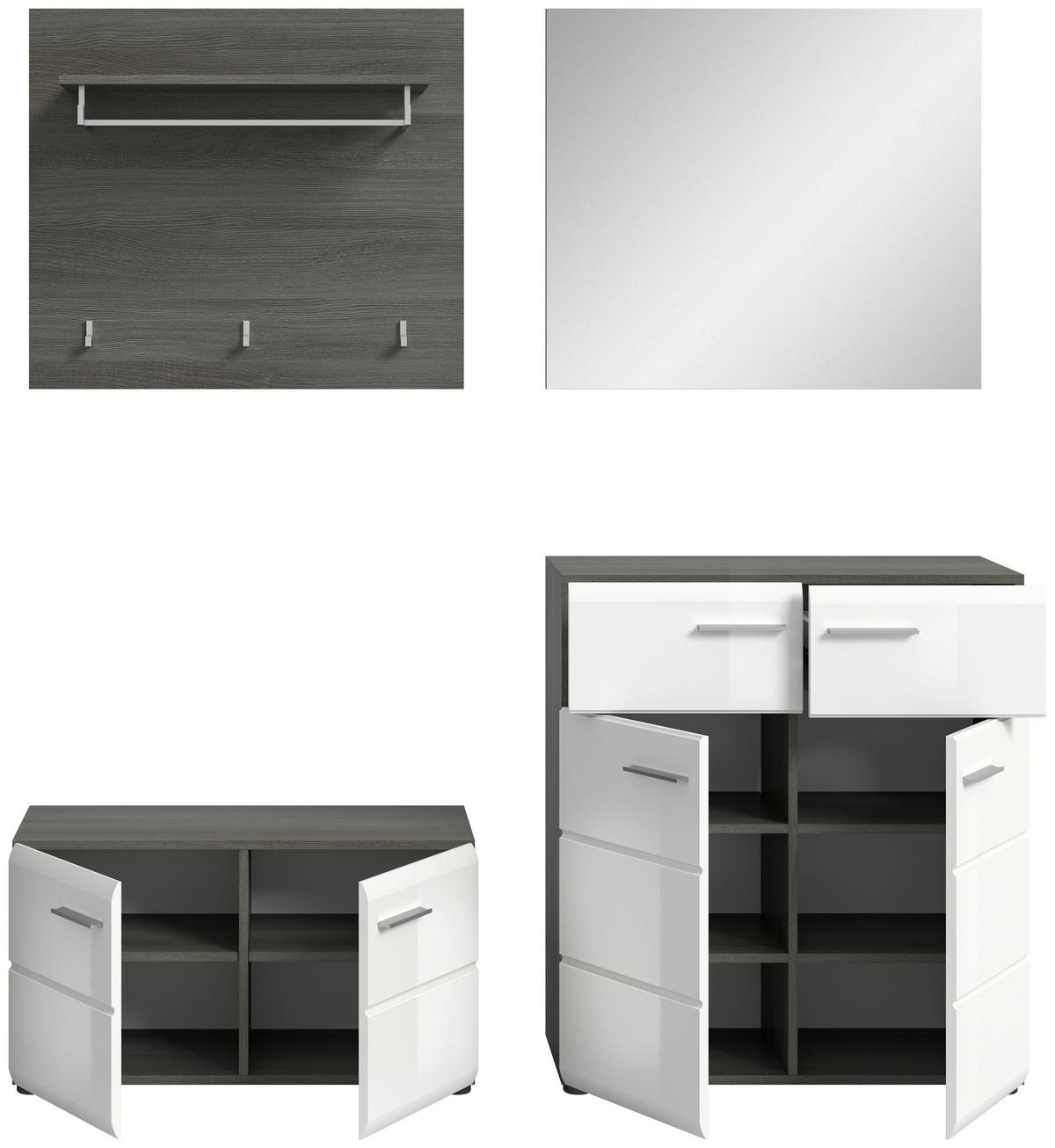 Garderobe Salsa 4-tlg. ca. 175x192x37 cm Weiß/Rauchs. - Weiß Hochglanz, Design, Glas/Holzwerkstoff (175/192/37cm) - MID.YOU