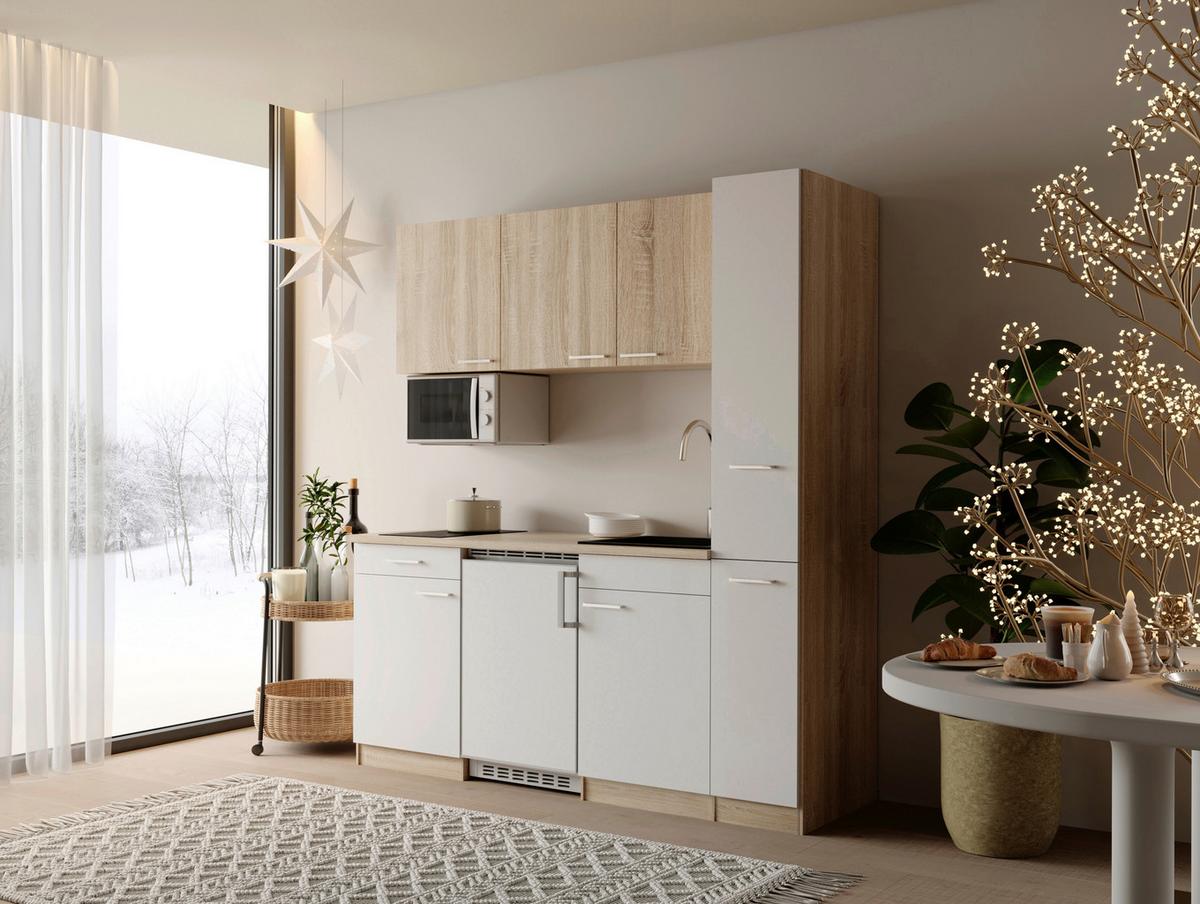 Küchenblock Ingrid m. Geräten Weiß - Eichefarben/Alufarben, Design, Holzwerkstoff/Kunststoff (180cm) - Respekta