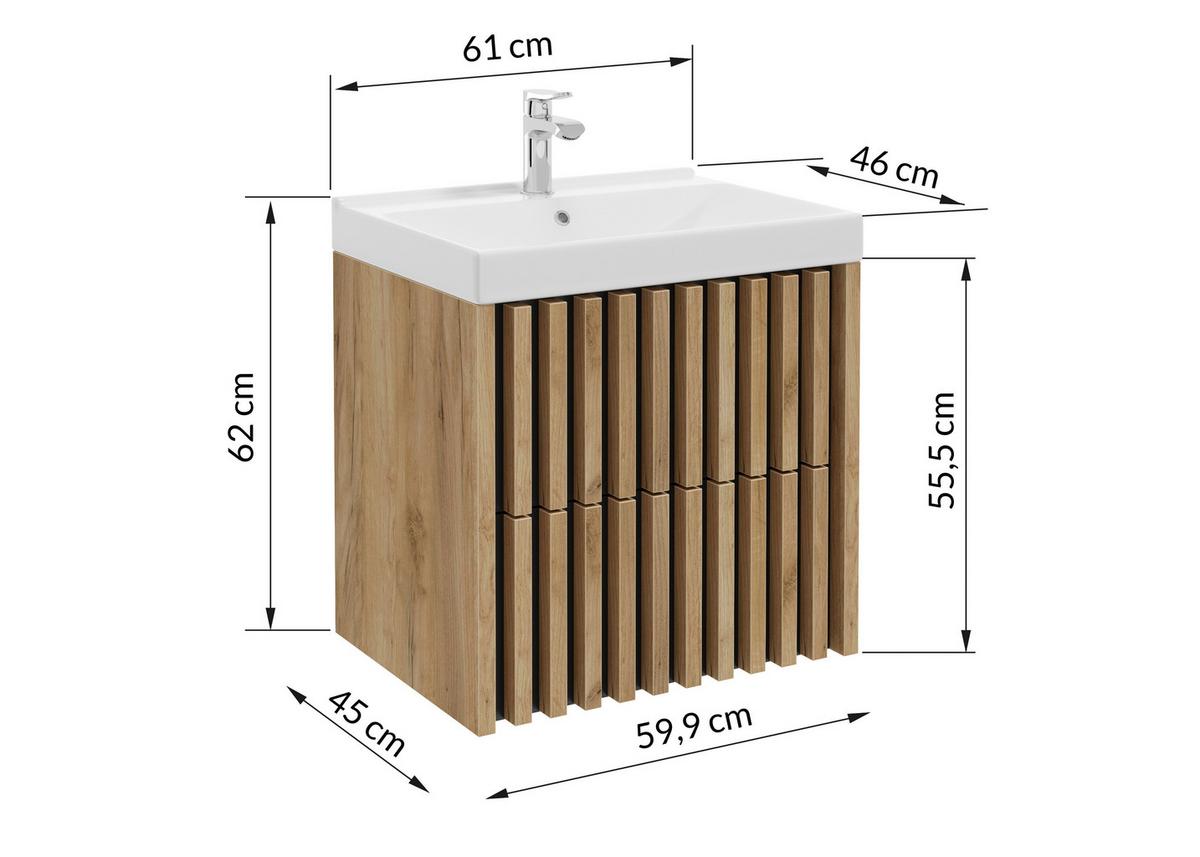 Bază cu lavoar, Line - alb/culoare lemn stejar, Modern, ceramică/material pe bază de lemn (61cm) - Welnova