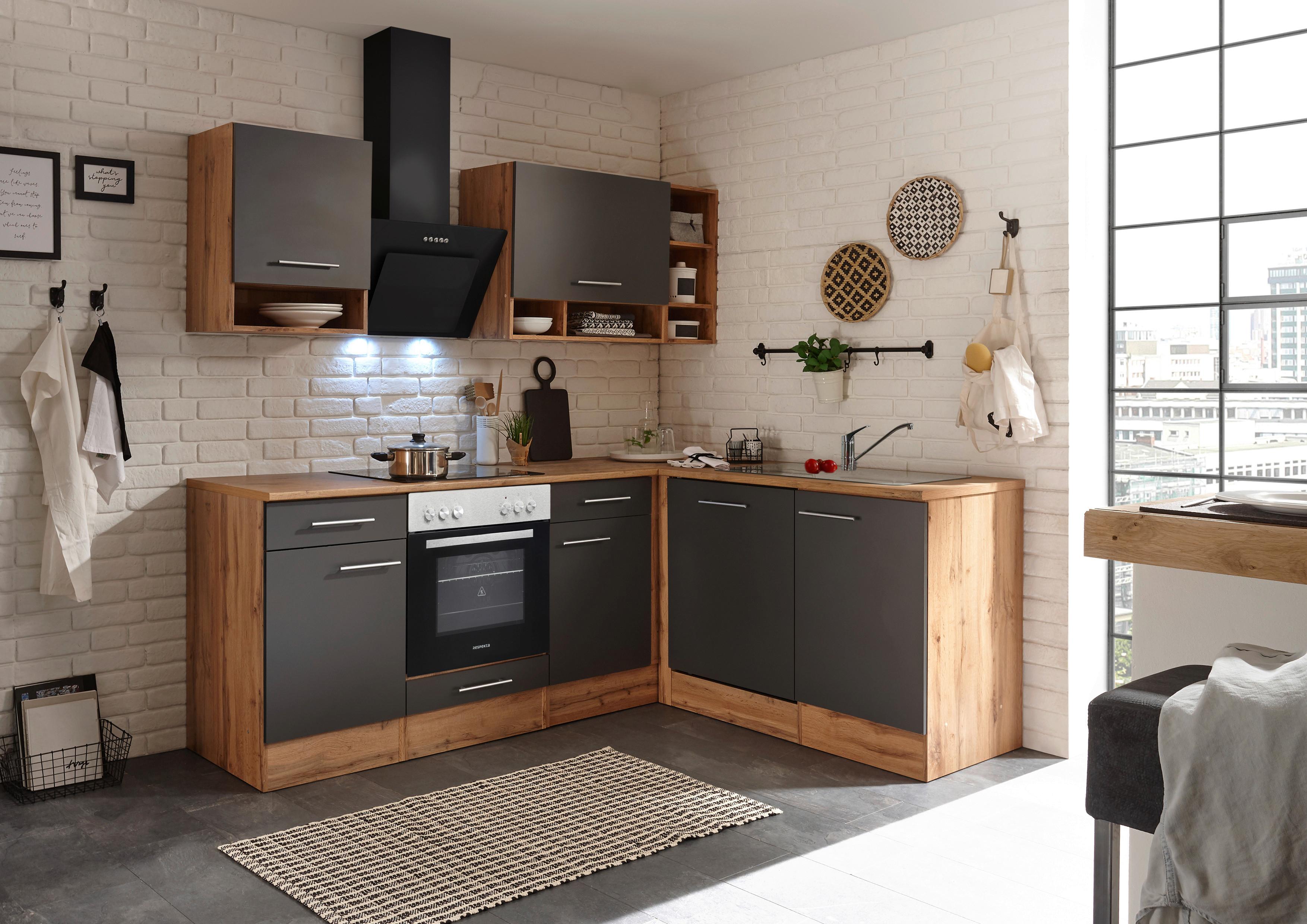 Eckküche Hilde ohne Geräte ca. 220x172 cm Grau, Wildeiche - Wildeiche/Grau, Basics, Holzwerkstoff/Metall - Respekta