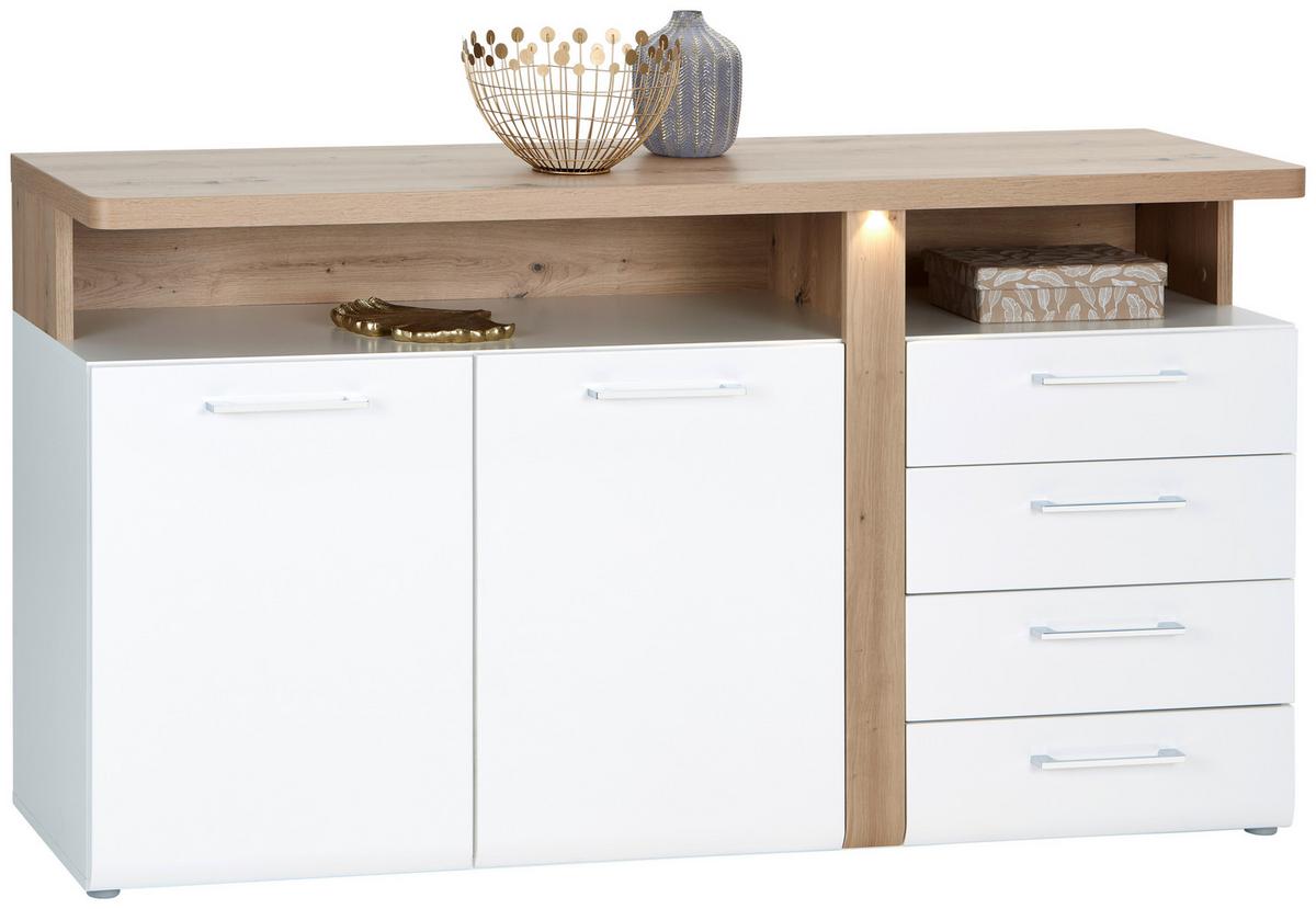 Comodă cu uși VIOLA - alb/culoare lemn stejar, Modern, plastic/metal (163,2/85,9/43,2cm) - Premium Living