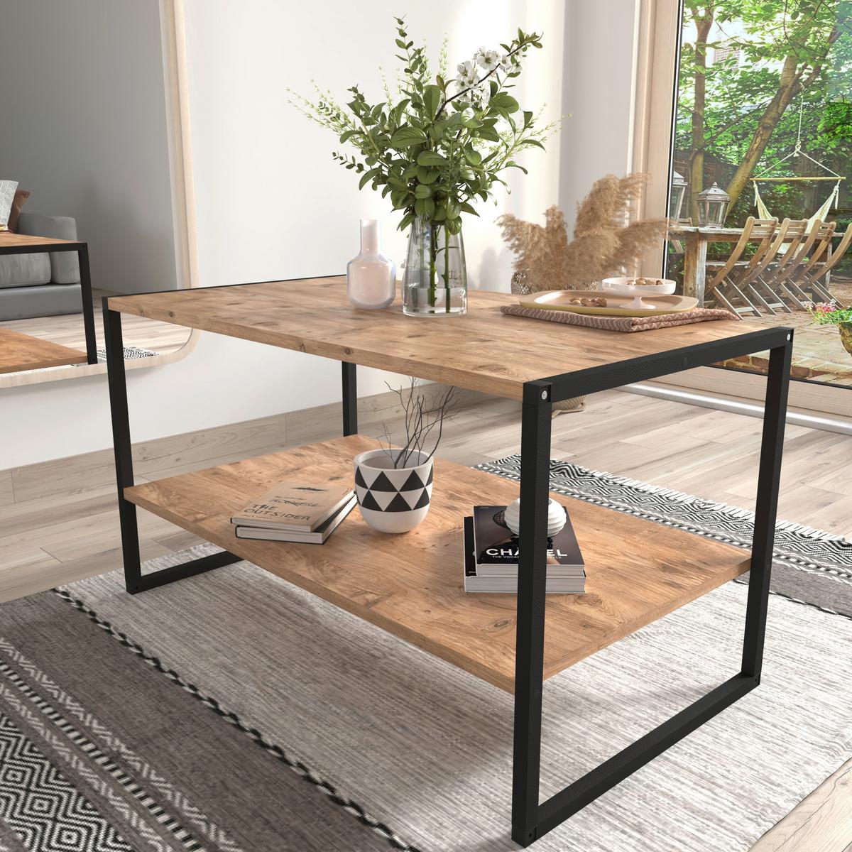 TABLE BASSE INSASI L - chêne miel/noir, Design, métal/matériau de bois (90/50/50cm) - MID.YOU