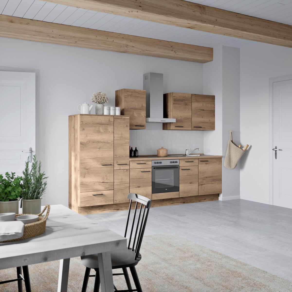 Küchenblock Structura Low m. Geräten Eiche dunkel - Eiche dunkel/Eichefarben, MODERN, Holzwerkstoff/Metall (300cm) - Nobilia