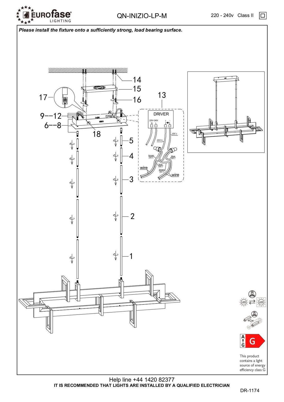 LED Függőlámpa Qn-Inizio-Lp-M-Bg - sárgarézszínű, Design, üveg/fém (122,8/50/23,1cm) - Elstead Lighting