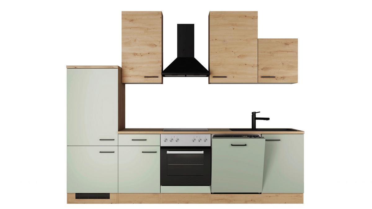 Küchenblock Cara m. Geräten Schilfgrün - Schilfgrün/Schwarz, Trend, Holzwerkstoff/Metall (280cm) - FlexWell